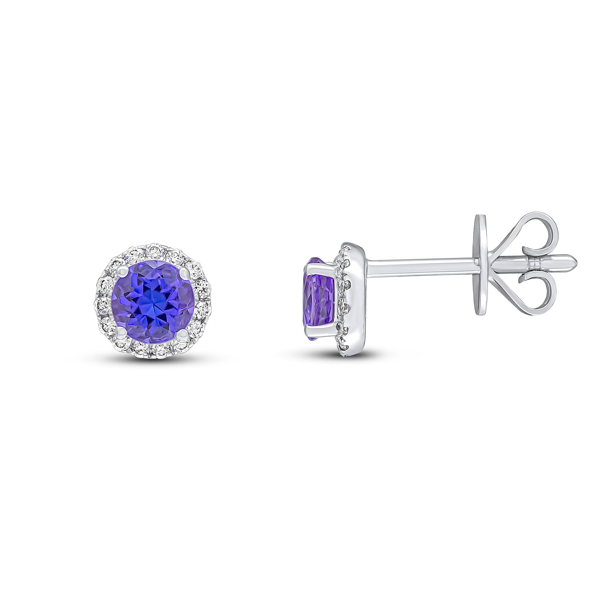 18ct White Gold 4mm Round Tanzanite and Round Diamond Claw Cluster Earrings