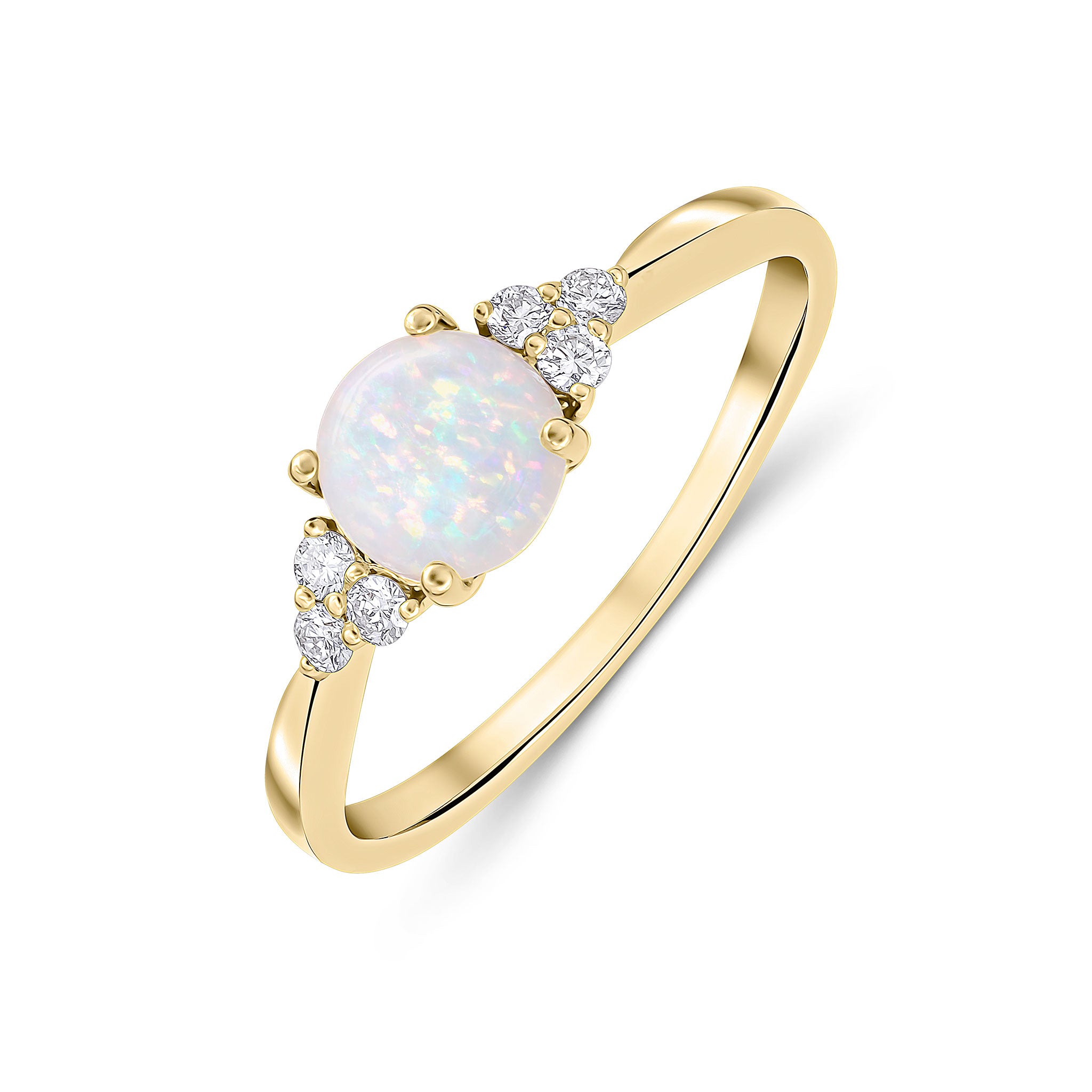 18ct Yellow Gold 6mm Round Opal & Diamond Trefoil Shoulders Ring Rhodium to Diamonds
