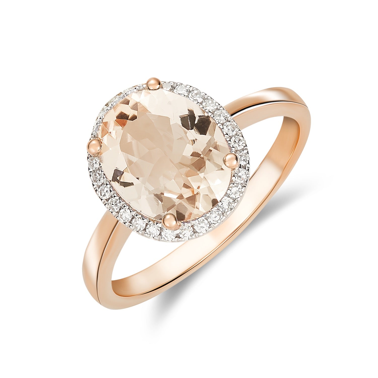 9CT RG 10X8 OVAL MORGANITE AND DIAMOND CLAW SET CLUSTER RING. RHODIUM TO DIAMONDS 1