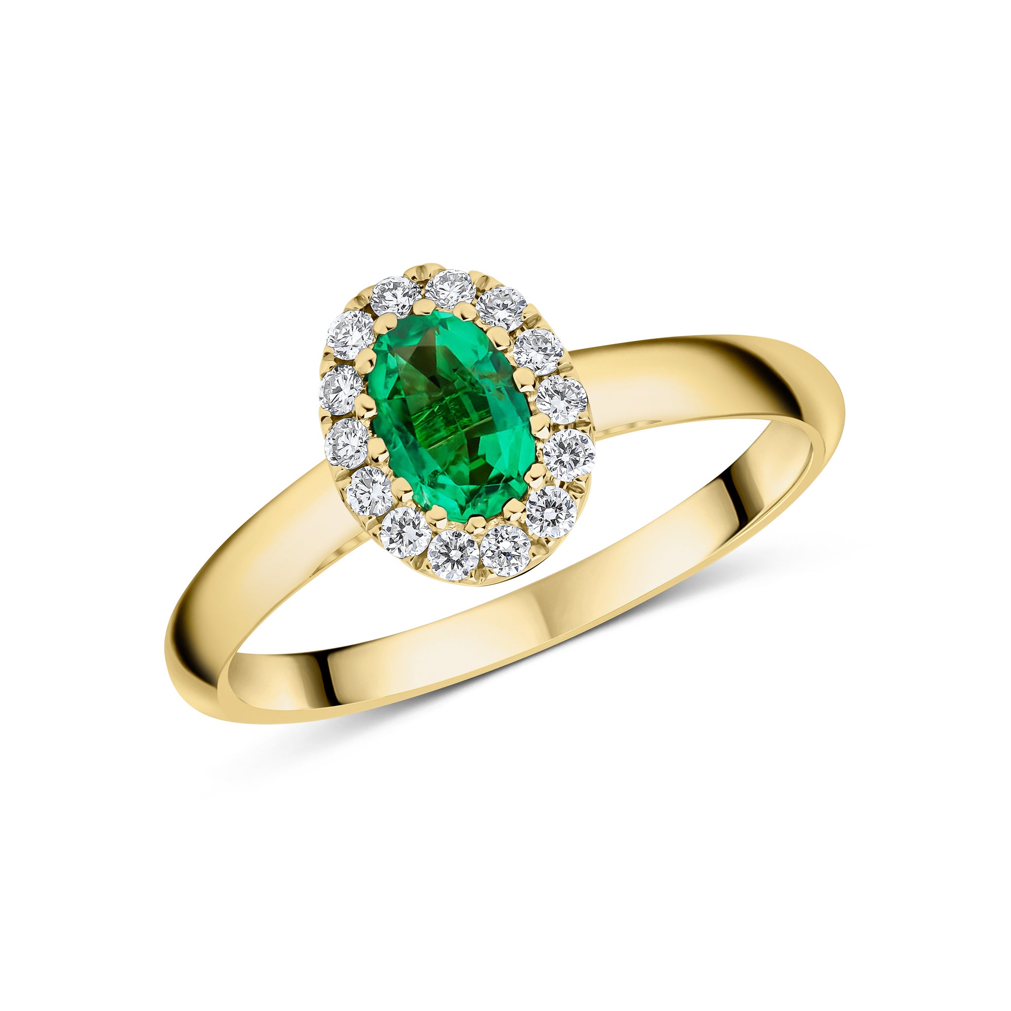 18ct Yellow Gold 6x4 Oval Emerald & Diamond Claw Set Cluster Ring