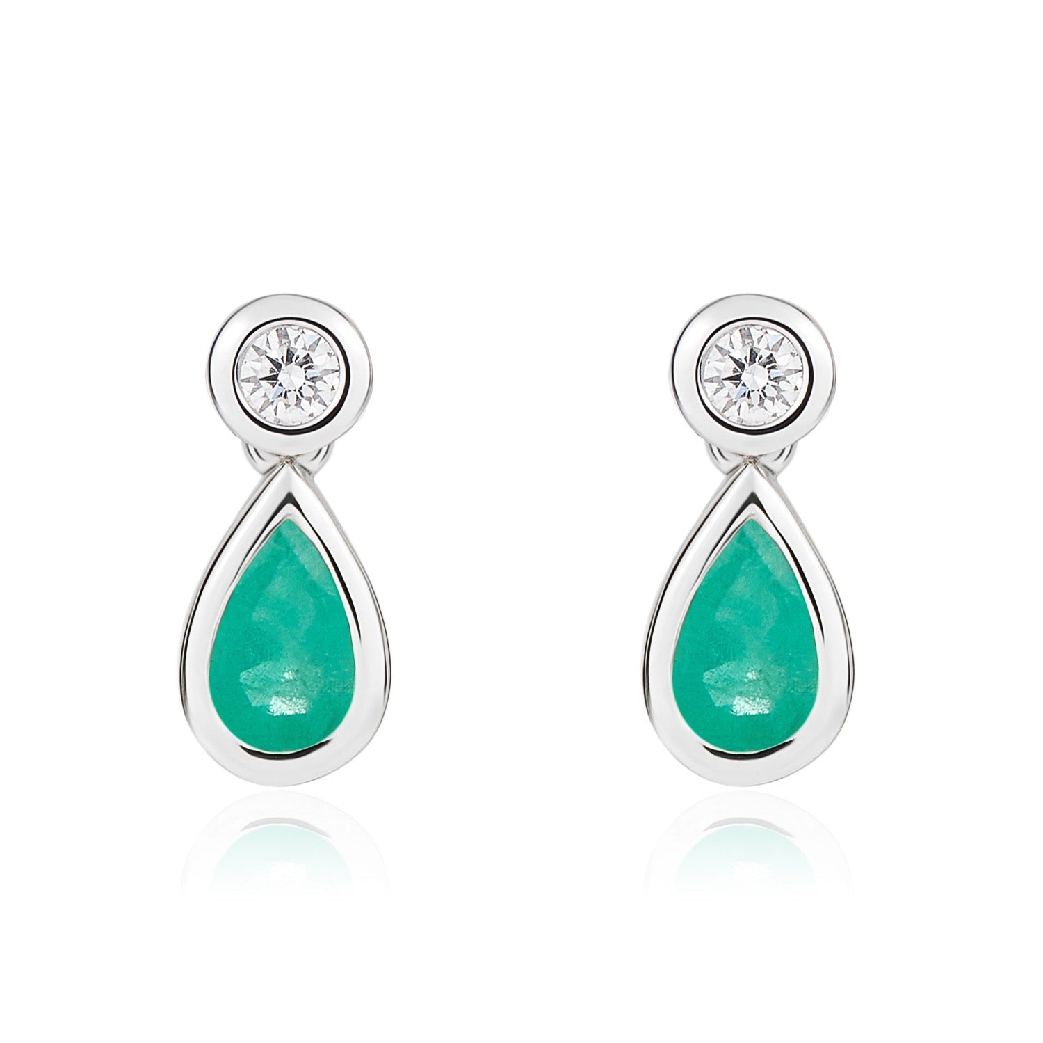 18ct White Gold Pear Shape Emerald and Round Diamond Rubover 2 Stone Drop Earrings