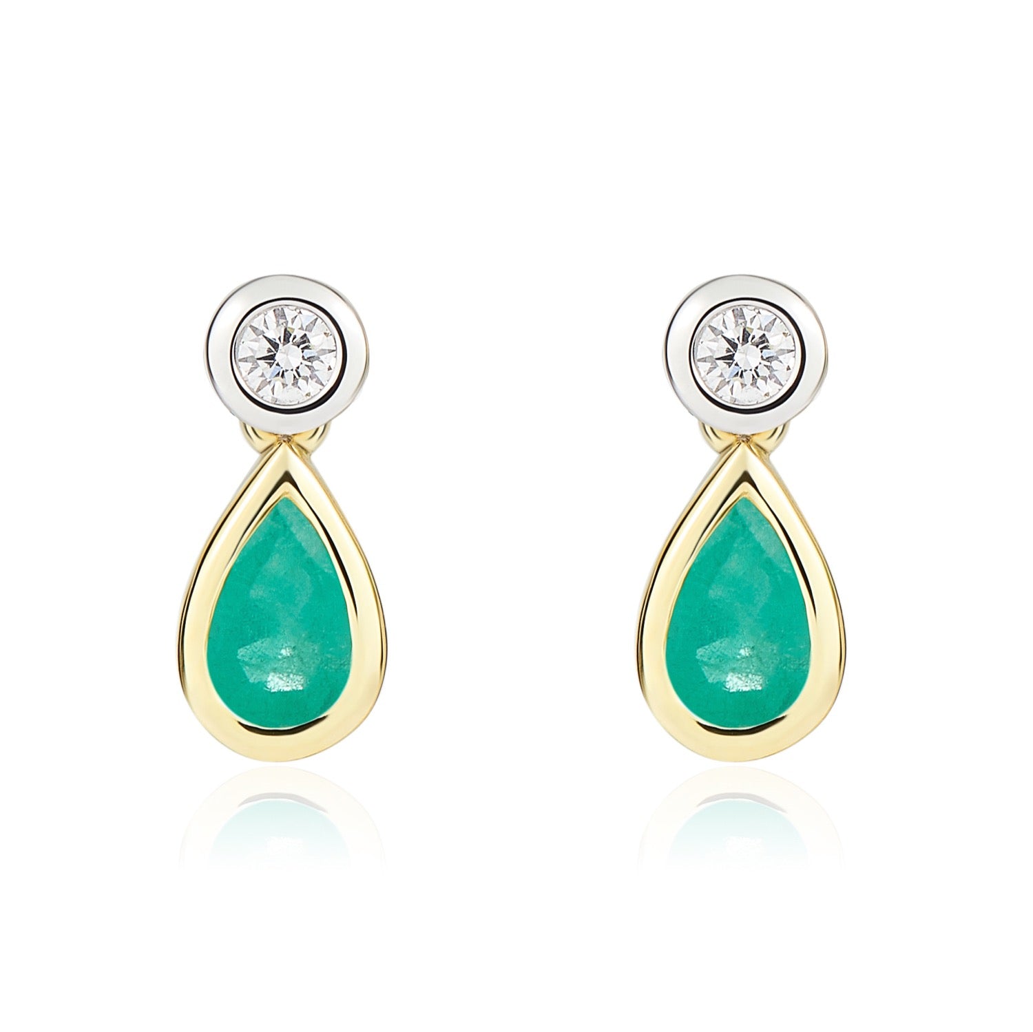 18ct Ywg Pear Shape Emerald and Round Diamond Rubover 2 Stone Drop Earrings
