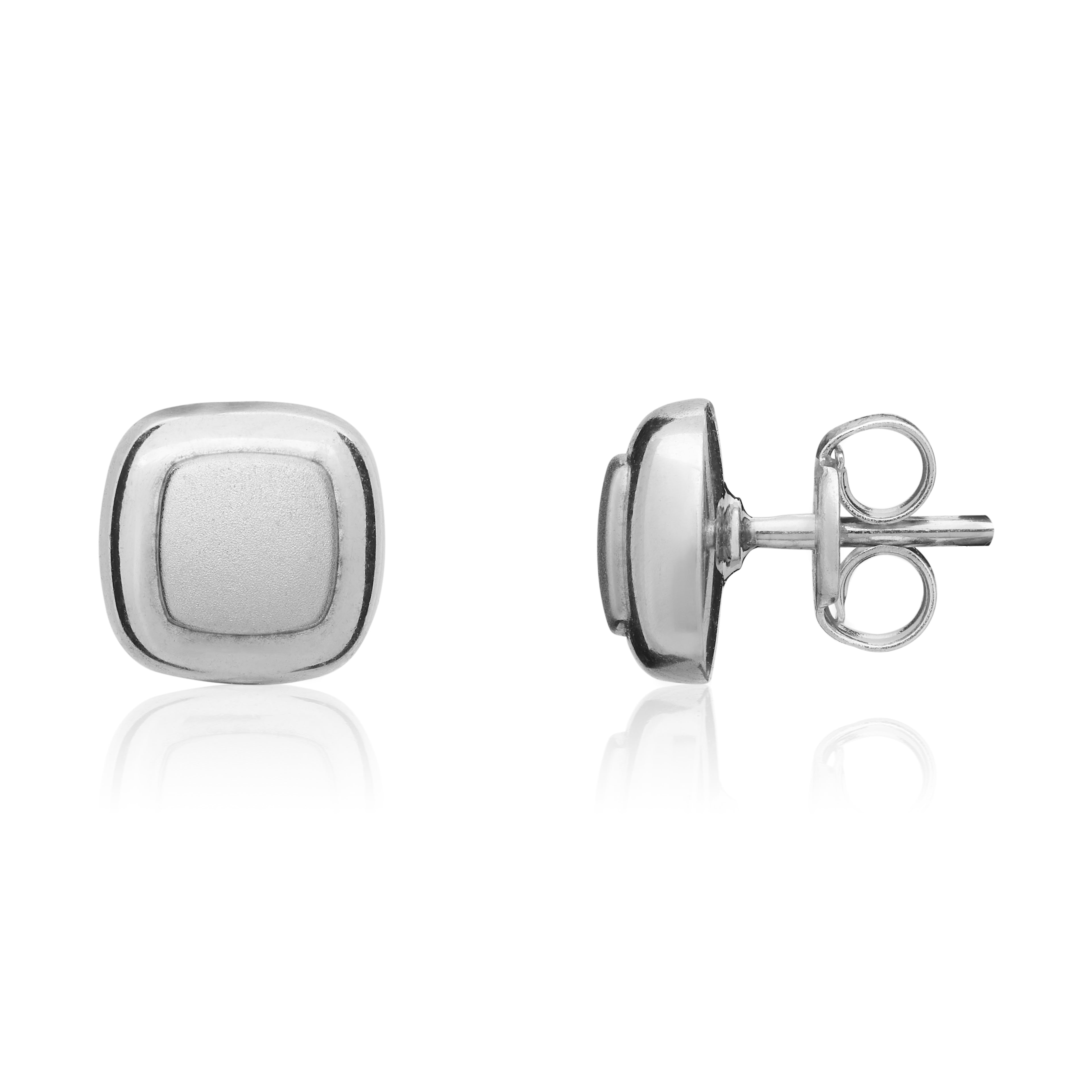 9ct white gold Satin Finish Centre, Polished Borounder Cushion-Shape Stud earrings.