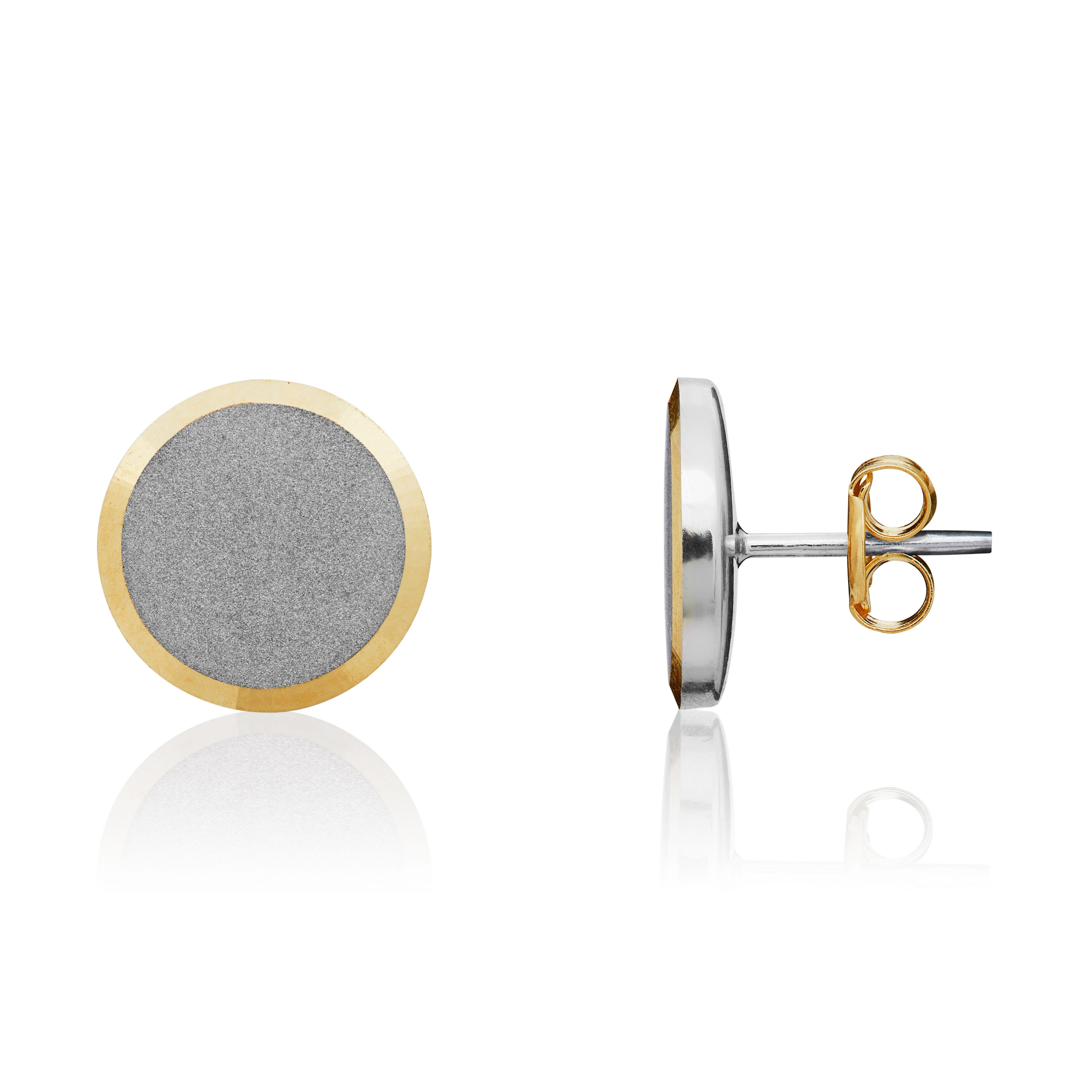 9ct White Gold Satin Finish Flat Disc Stud Earrings With Yellow Gol