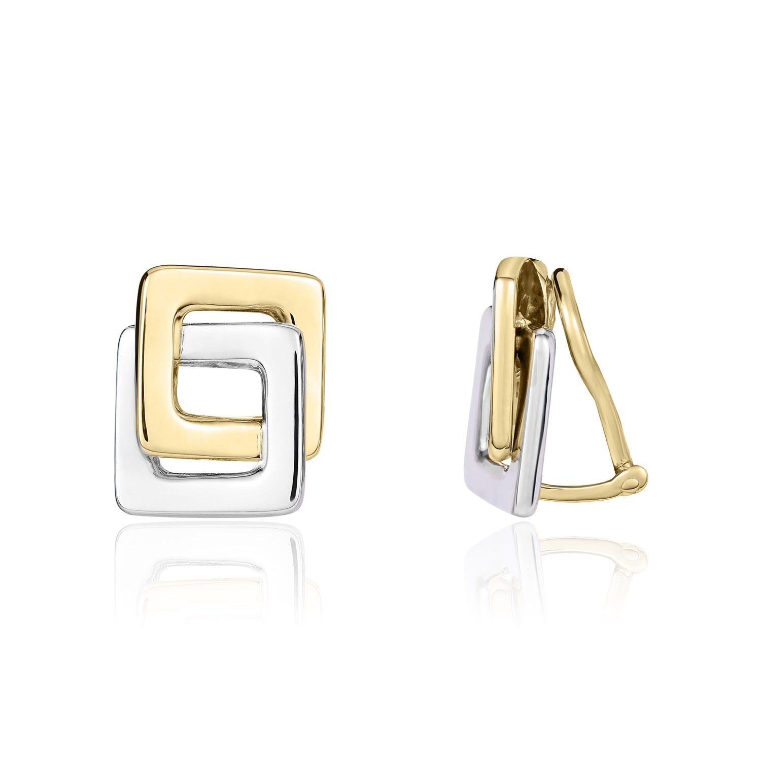 9ct yellow and white gold Polished Interlocking Squares Clip Earrings