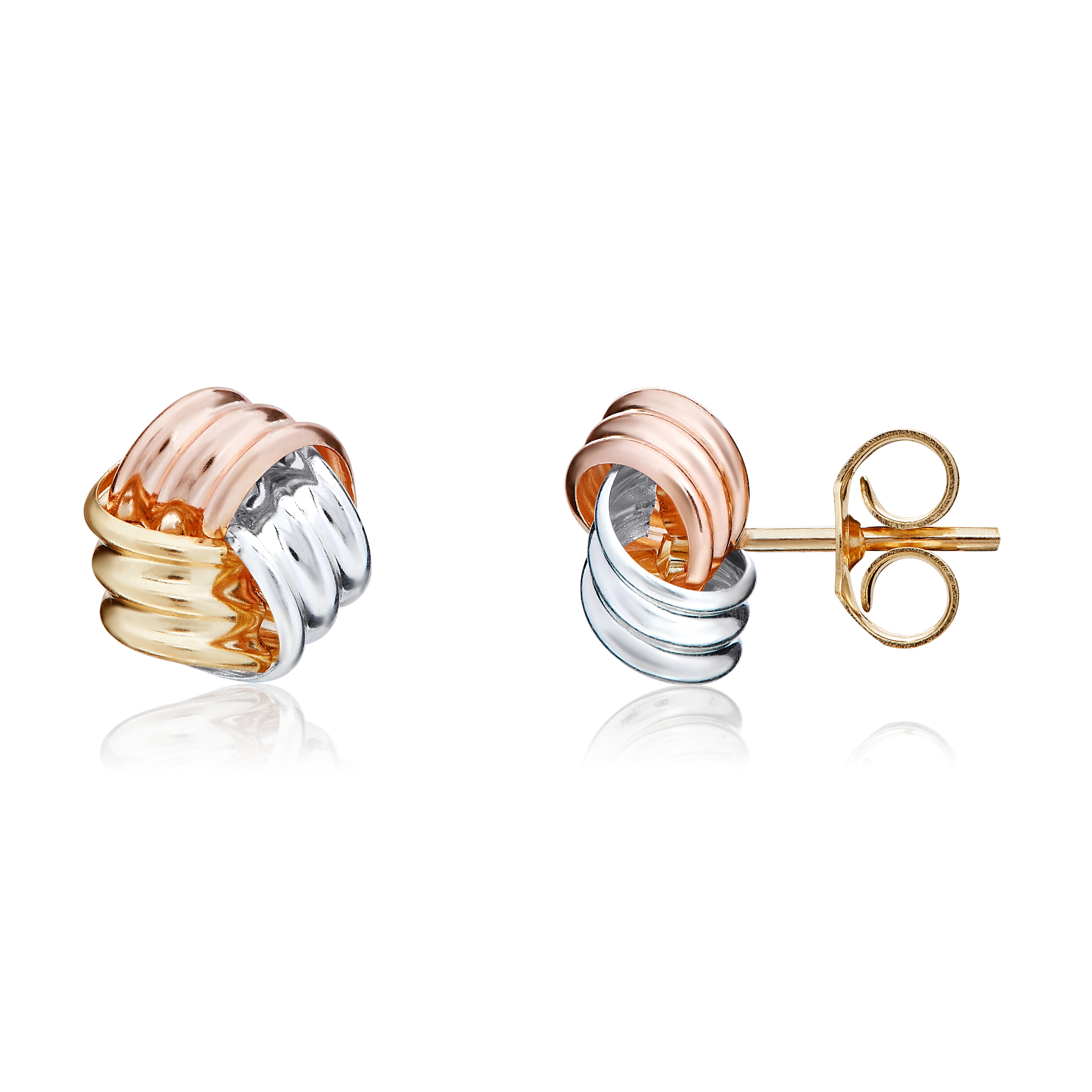 Three Tone 9ct Gold Polished Ribbed Knot Stud Earrings