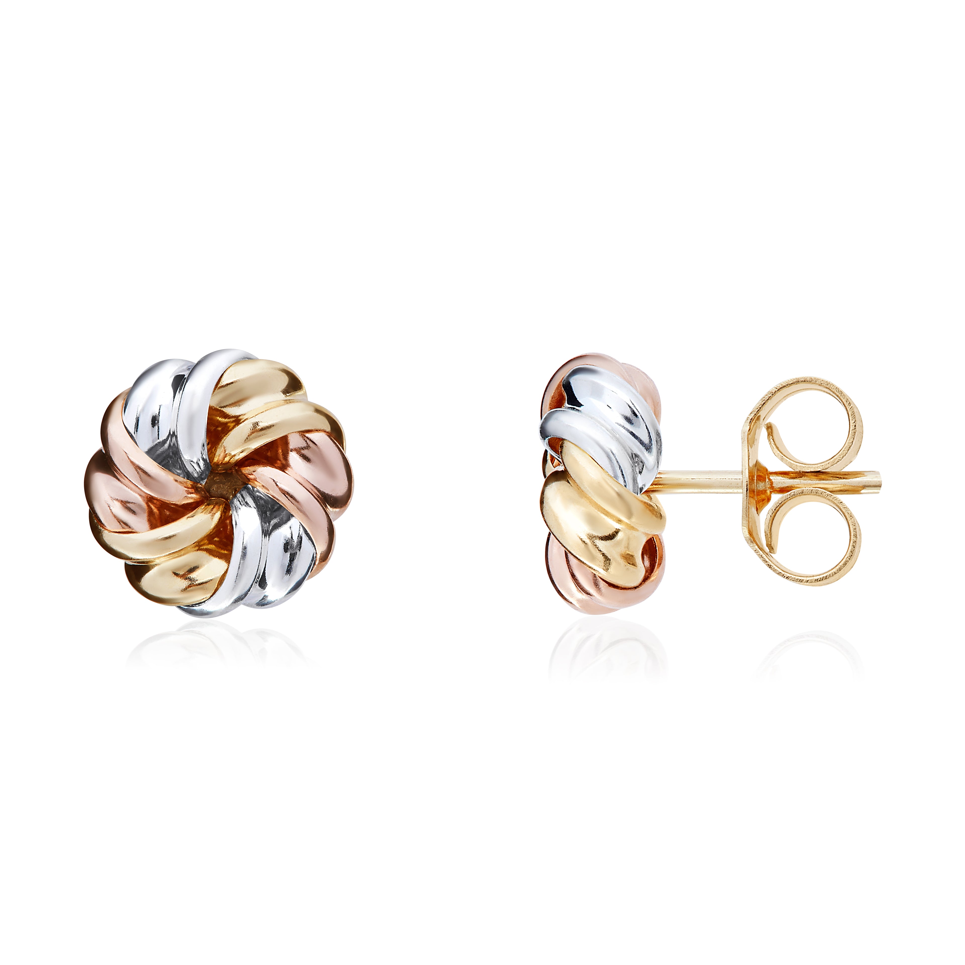 Three Tone 9ct Gold Fancy Swirl Stud Earrings