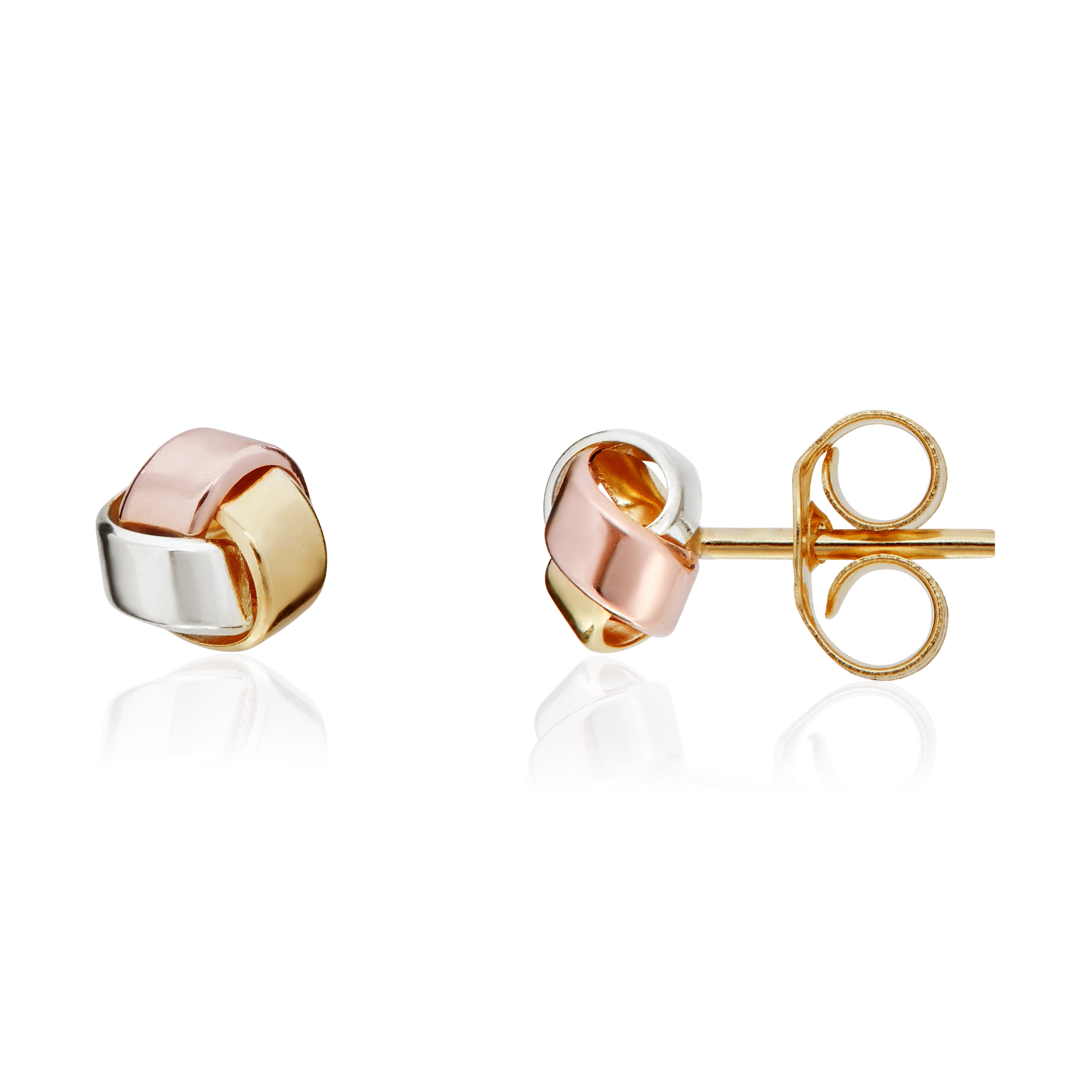 Three Tone 9ct Gold 3 Row Polished Knot Stud Earrings