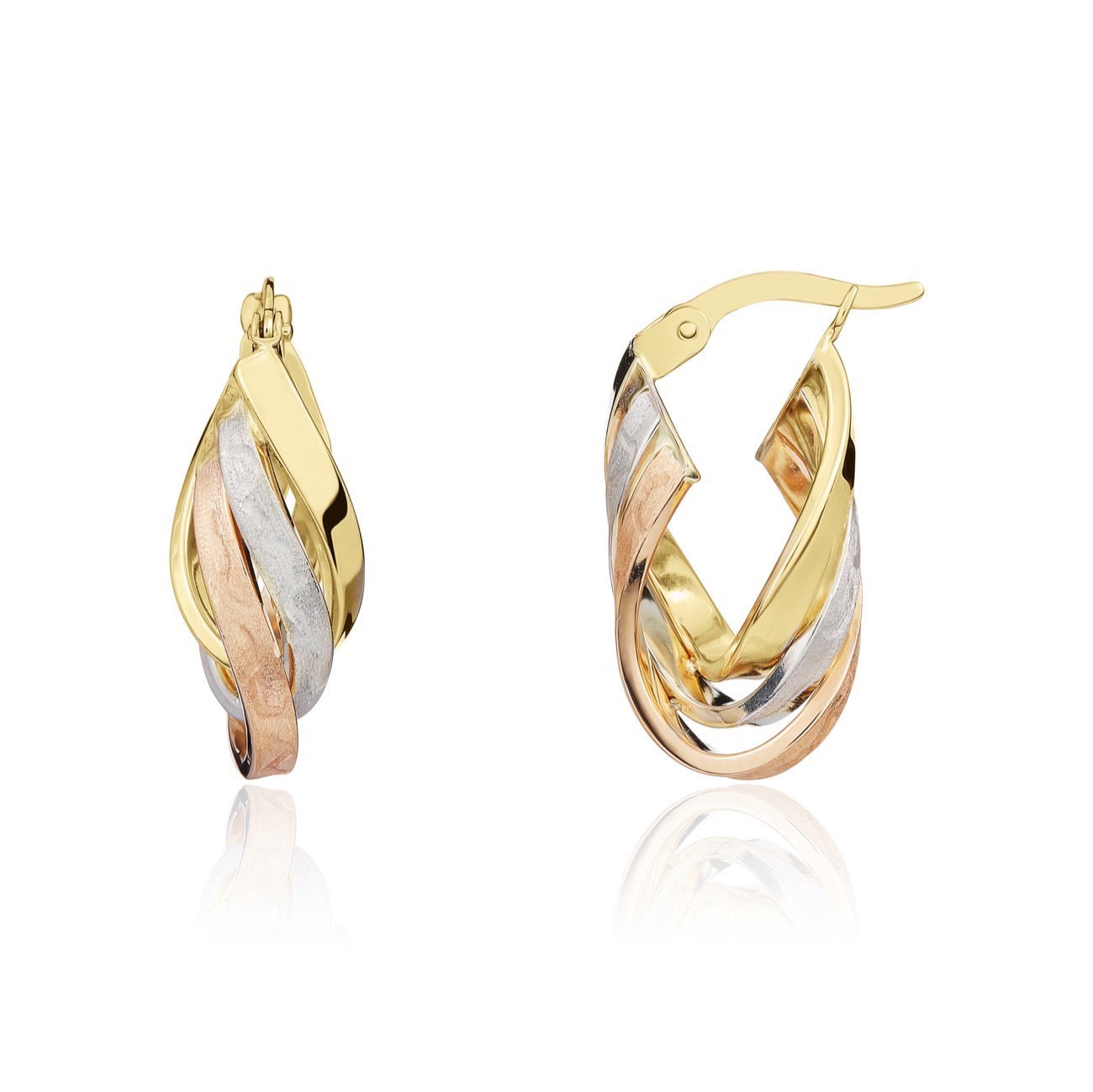 Three Tone 9ct Gold Satin Polished 3 Row Hoop Earrings