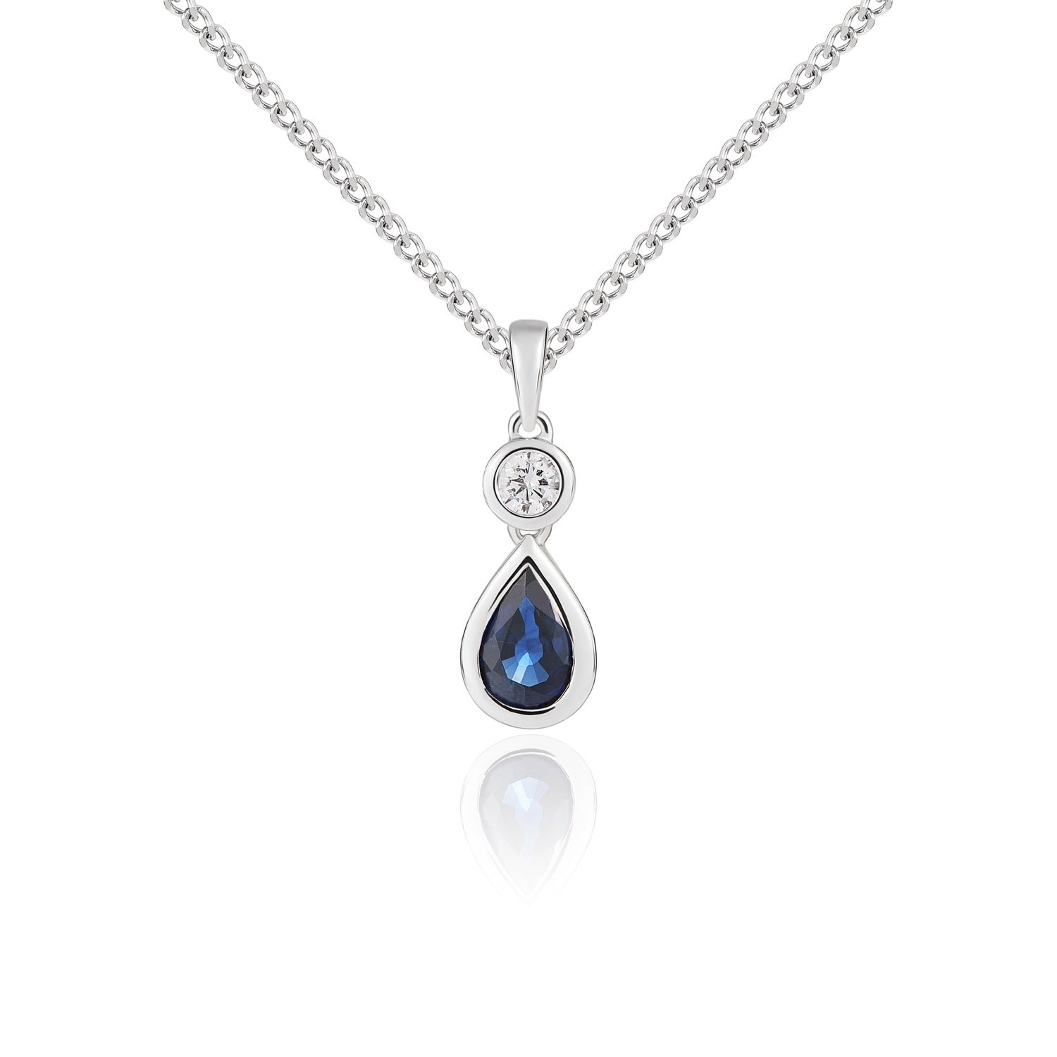 18ct White Gold Pear Shape Sapphire and Round Diamond 2 Stone Rubover Pendant