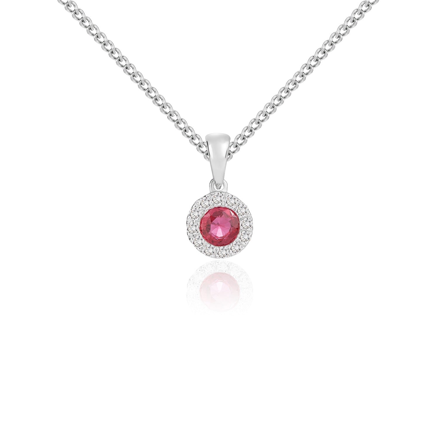 18ct White Gold 4mm Round Ruby and Diamond Microset Cluster Pendant with Plain Loop