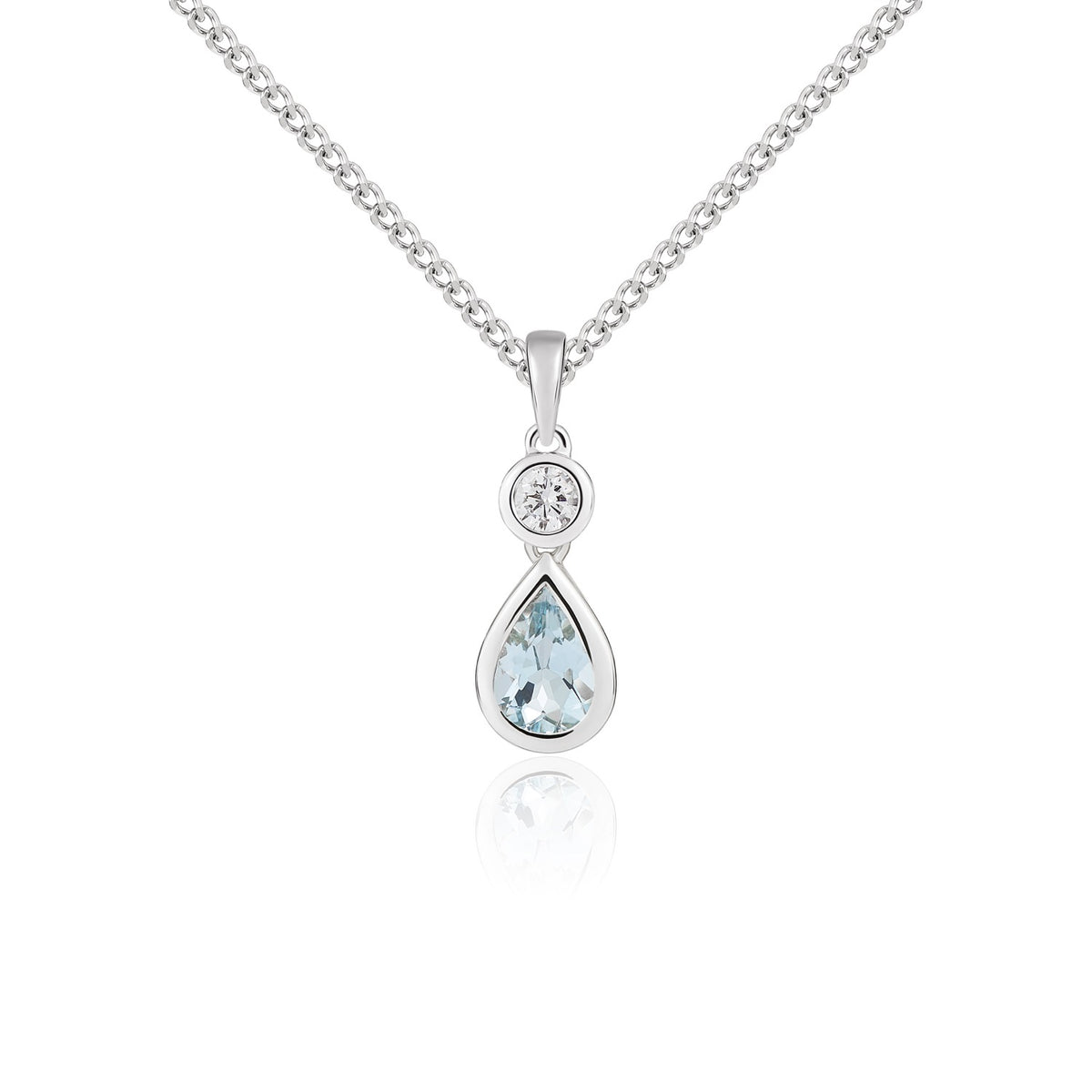 18ct White Gold Pear Shape Aquamarine and Round Diamond 2 Stone Rubover Pendant