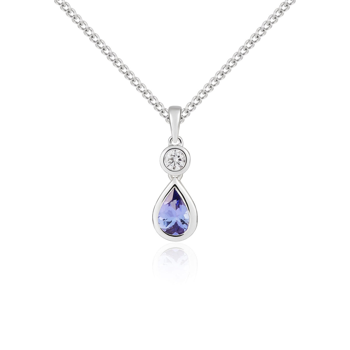 18ct White Gold Pear Shape Tanzanite and Round Diamond 2 Stone Rubover Pendant
