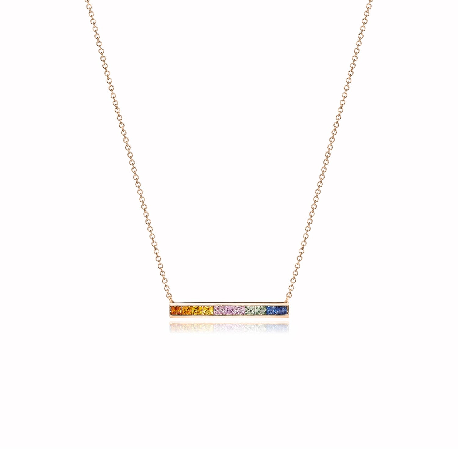 9ct Rose Gold Square Multi-Sapphire Channel Set Bar On Chain Necklace