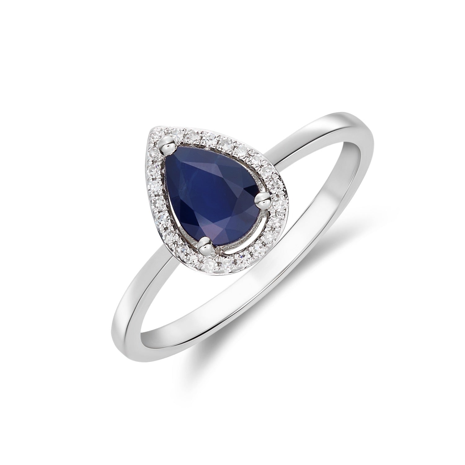 9ct White Gold 7x5 Pear Shape Sapphire & Diamond Halo Claw Cluster Ring