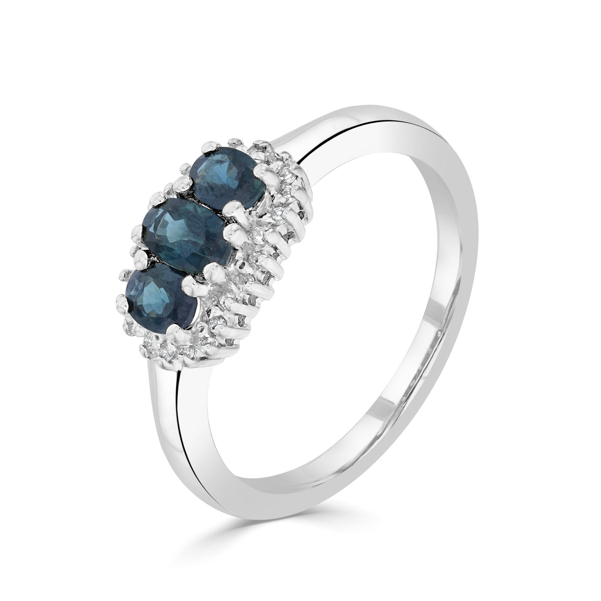 9ct White Gold Oval Sapphire and Diamond Triple Cluster Ring