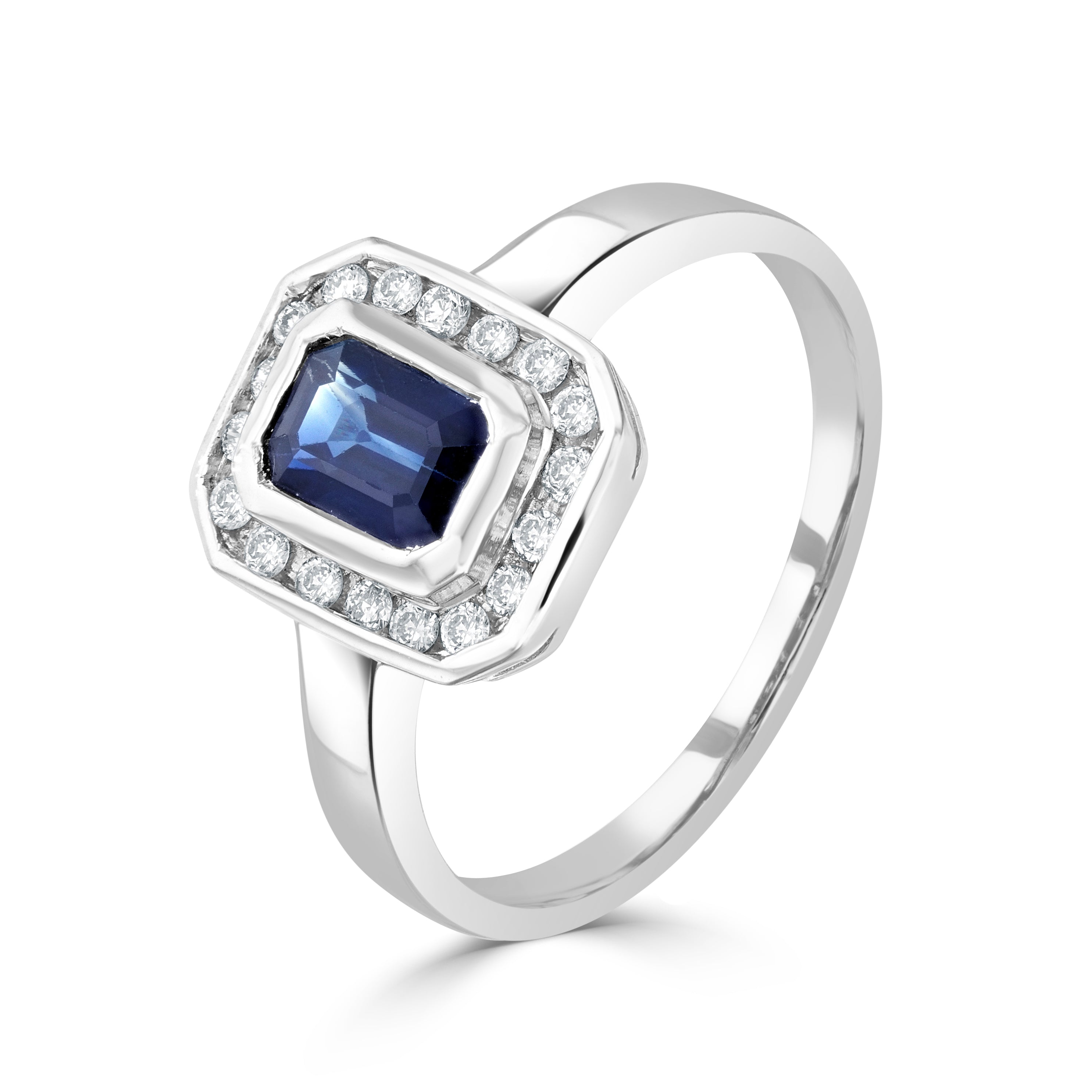 9ct White Gold Rubover 6x4 Octagon Sapphire & Channel Set Diamond Cluster Ring