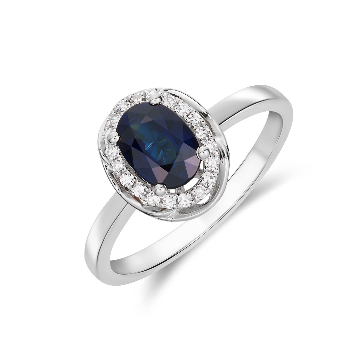 9ct White Gold 7x5 Oval Sapphire & Diamond Cluster Ring with Rope Edge