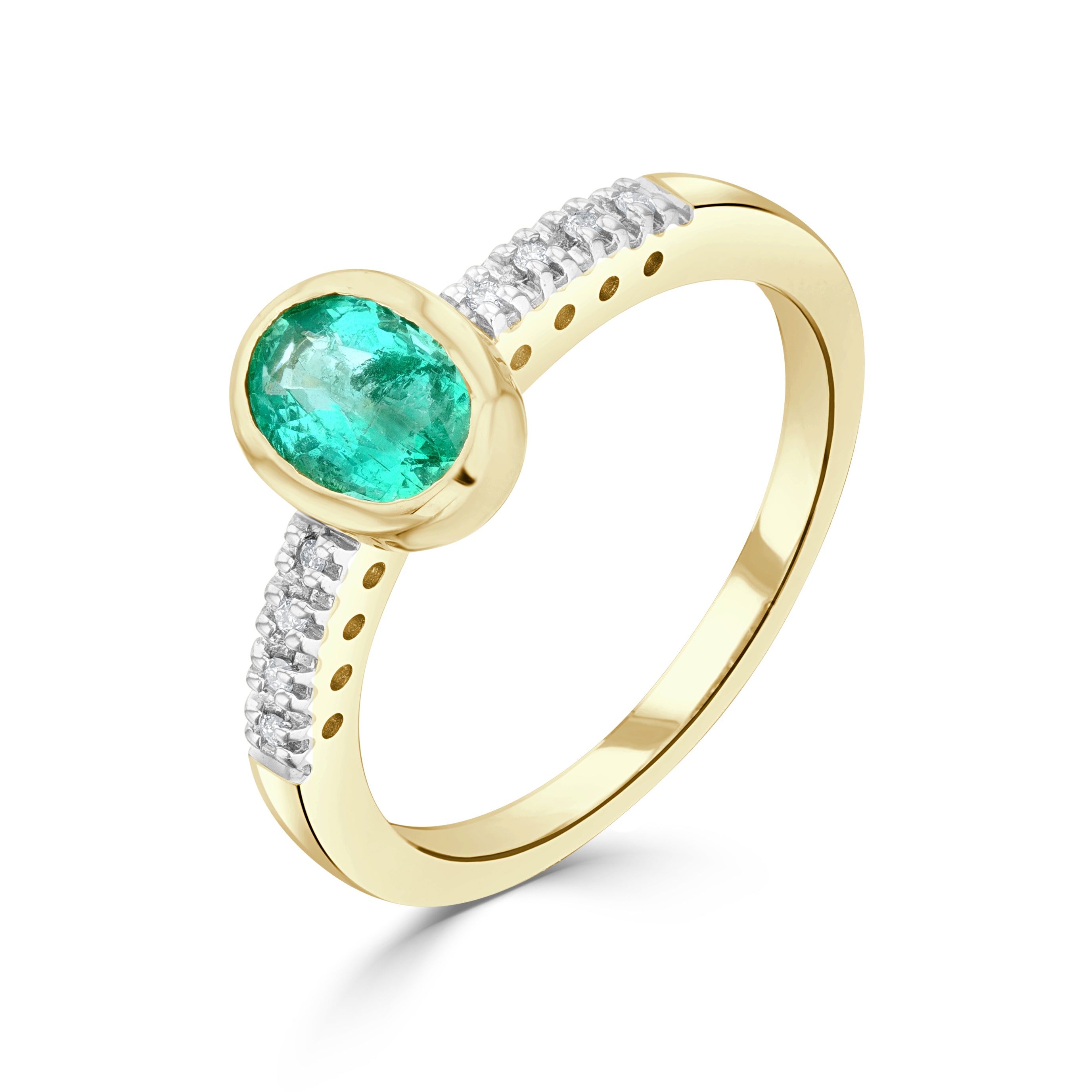 9ct Yellow Gold Rubover 7x5 Oval Emerald Single Stone Ring with Claw Set Diamond Shoulders Rhodium to Diamonds