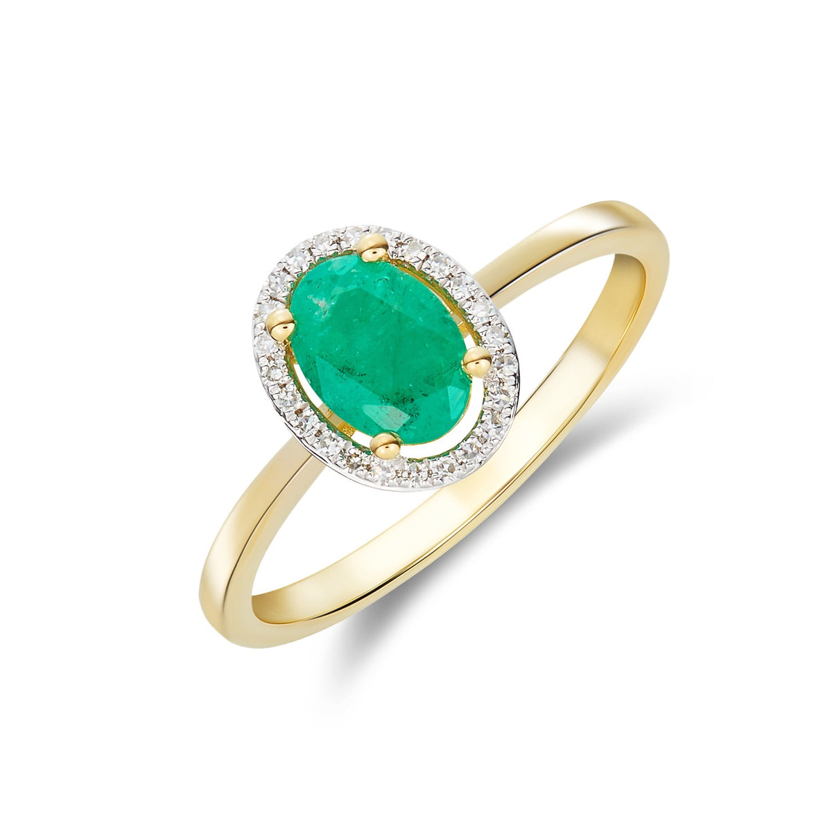 9ct Yellow Gold 7x5 Oval Emerald & Round Diamond Halo Cluster Ring Rhodium to Diamonds