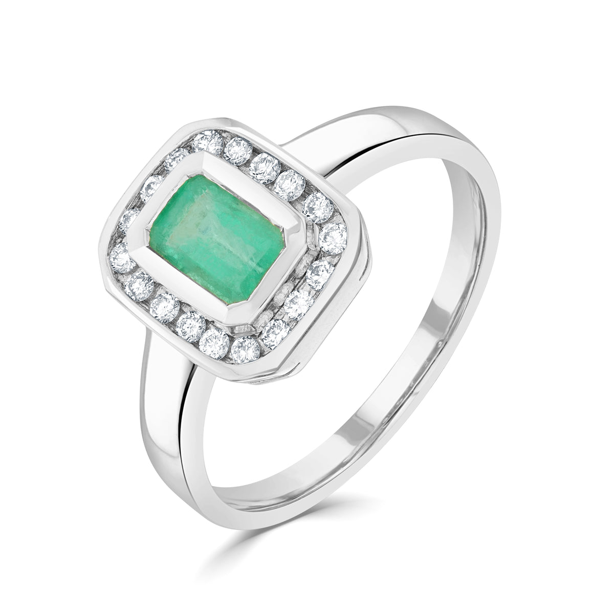 9ct White Gold Rubover 6x4 Octagon Emerald & Channel Set Diamond Cluster Ring