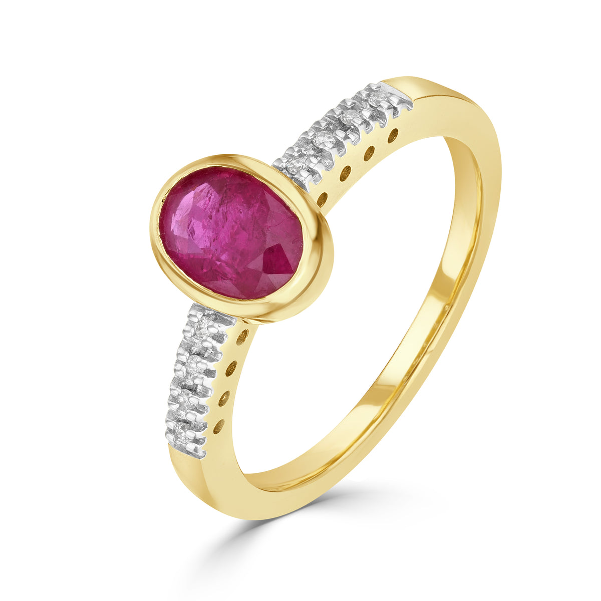 9ct Yellow Gold Rubover 7x5 Oval Ruby Single Stone Ring with Claw Set Diamond Shoulders Rhodium to Diamonds