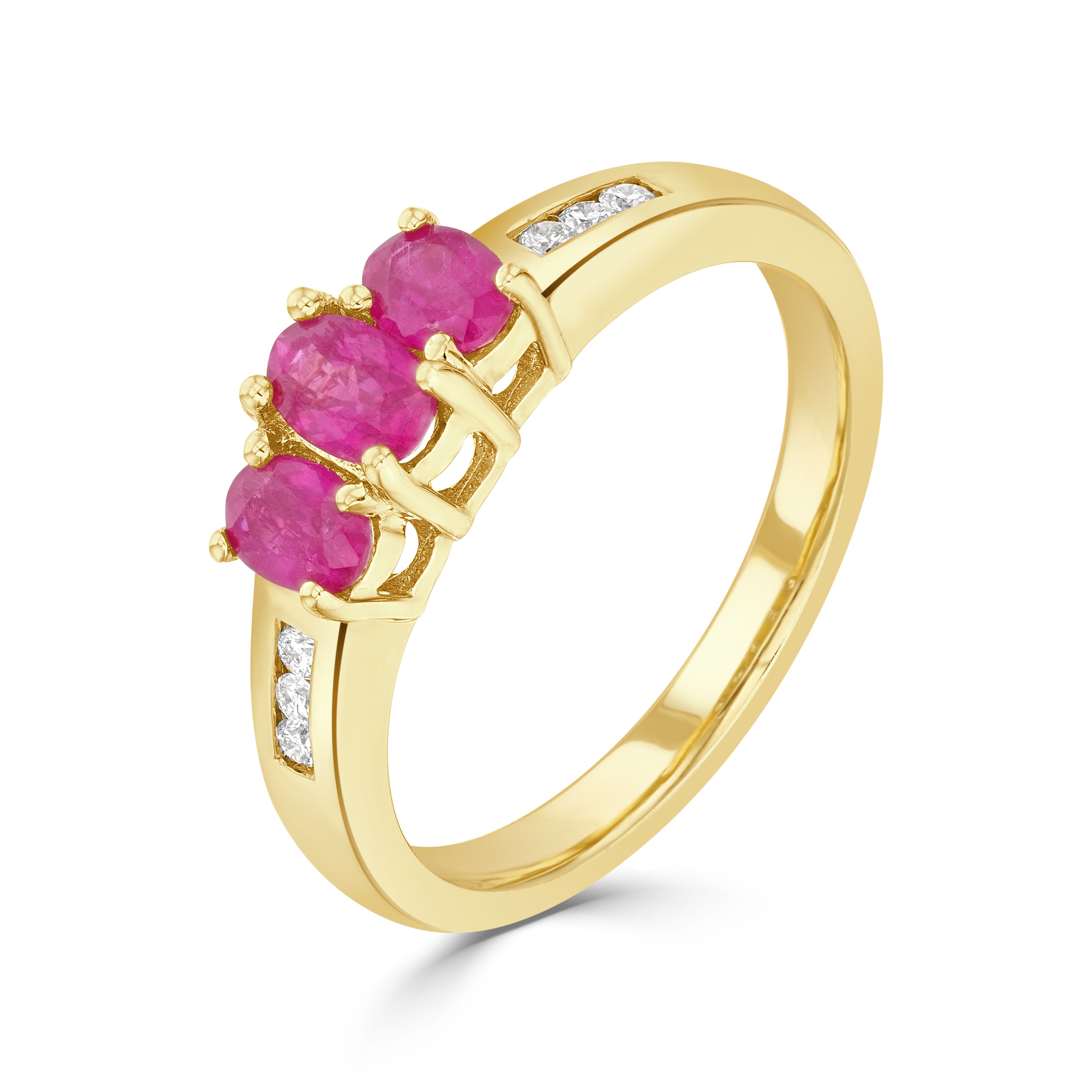 9ct Yellow Gold Oval Ruby Claw Set 3 Stone Ring with Channel Set Diamond Shoulders