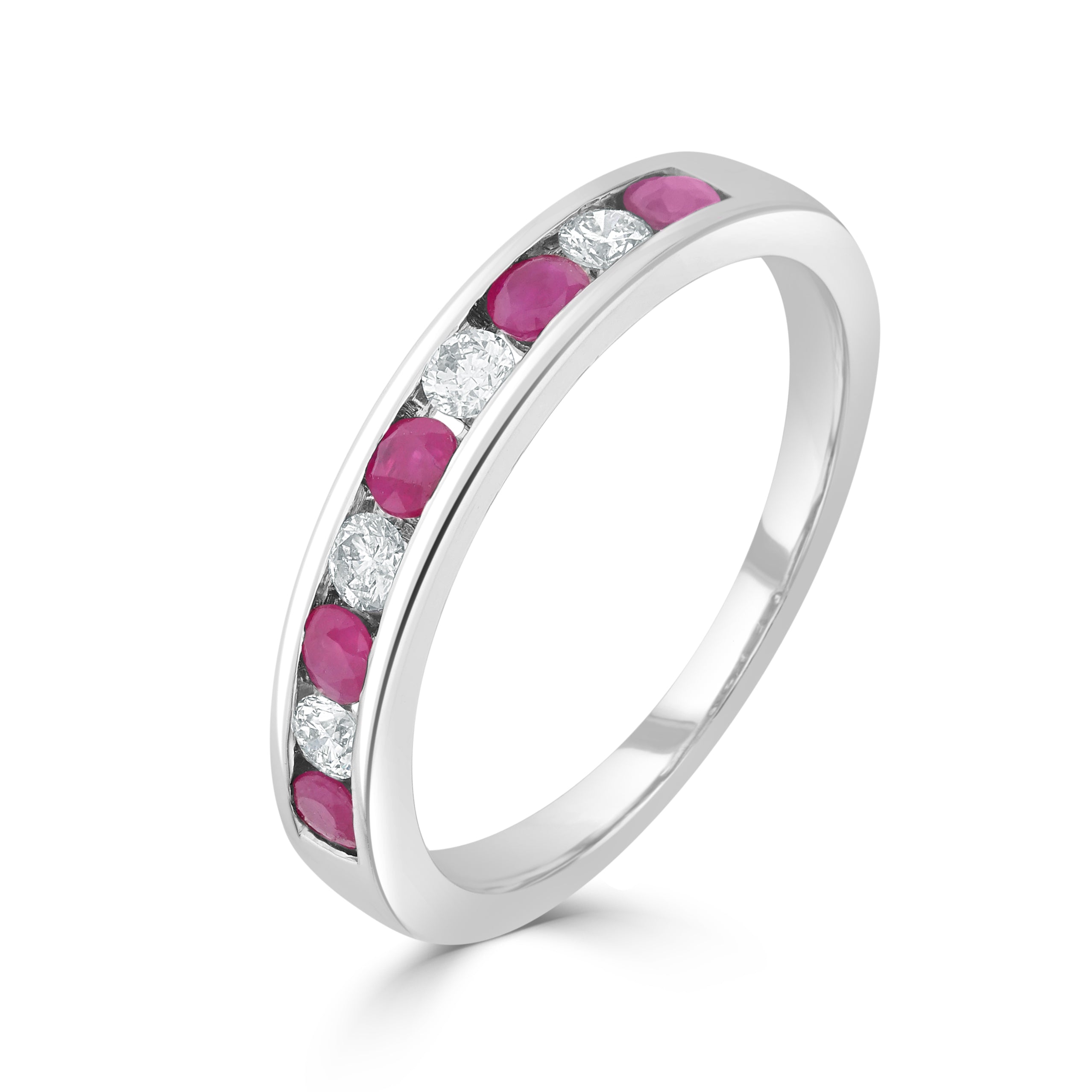 9ct White Gold Round Ruby and Diamond 9 Stone Channel Set Half Eternity Ring