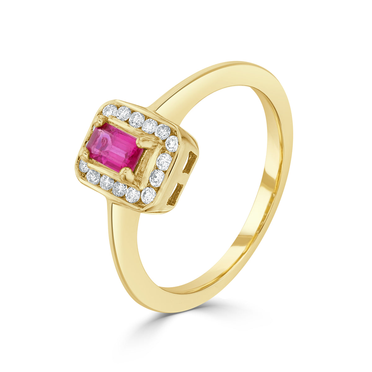 9ct Yellow Gold Claw Set 5x3 Octagon Ruby and Channel Set Round Diamond Cluster Ring