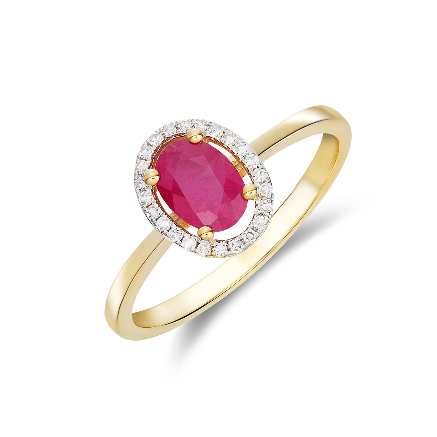 9ct Yellow Gold 7x5 Oval Ruby & Round Diamond Halo Cluster Ring Rhodium to Diamonds