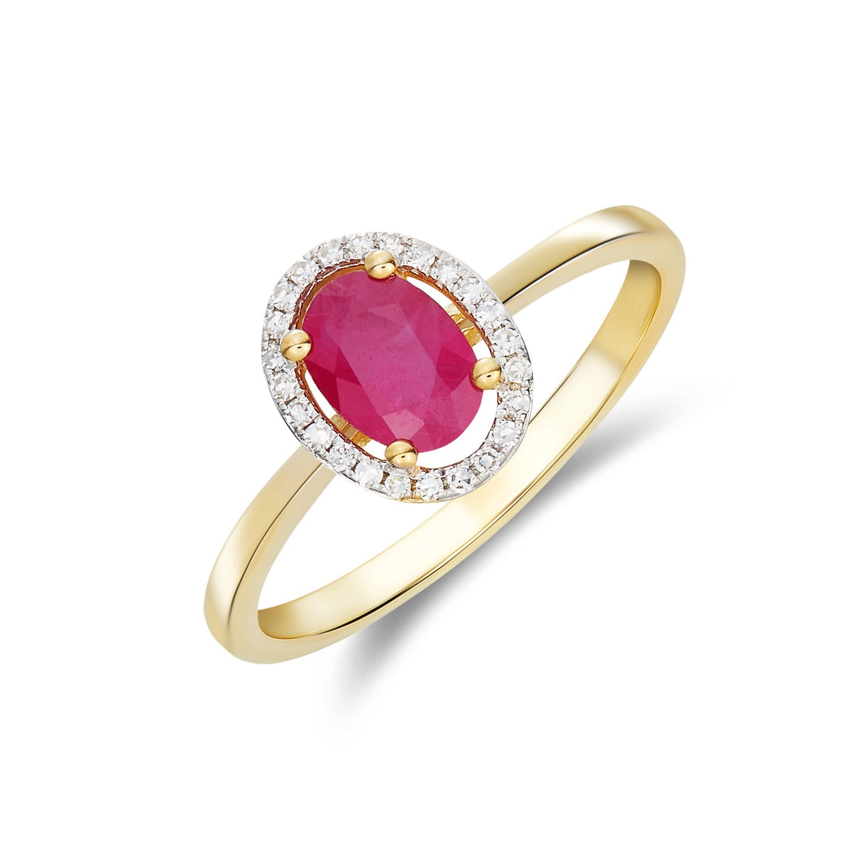 9ct Yellow Gold 7x5 Oval Ruby & Round Diamond Halo Cluster Ring Rhodium to Diamonds
