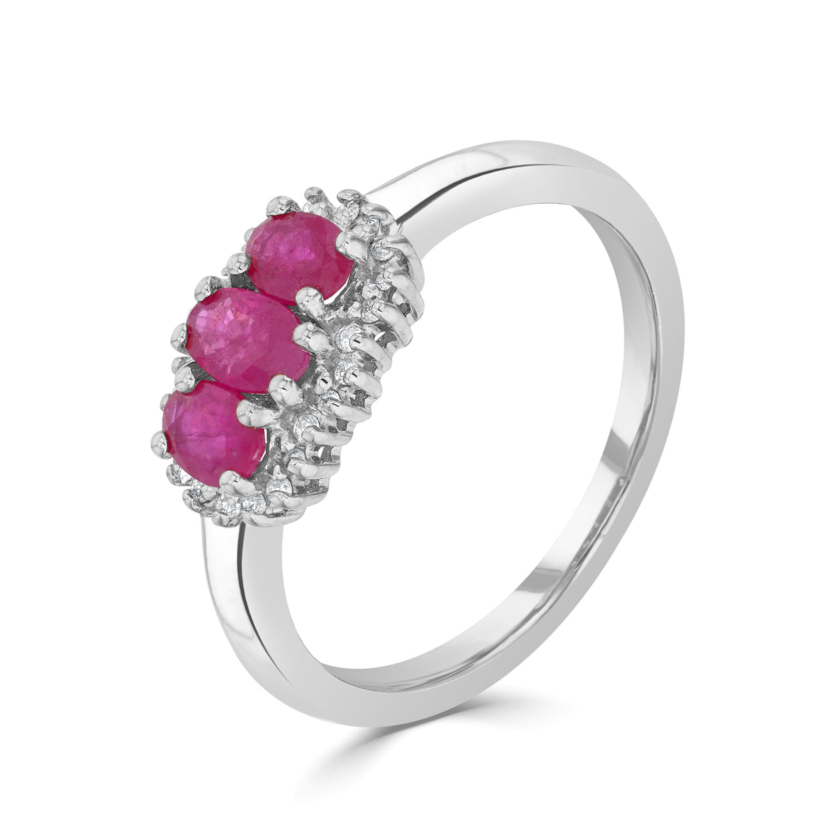 9ct White Gold Oval Ruby & Diamond Claw Set Triple Cluster Ring
