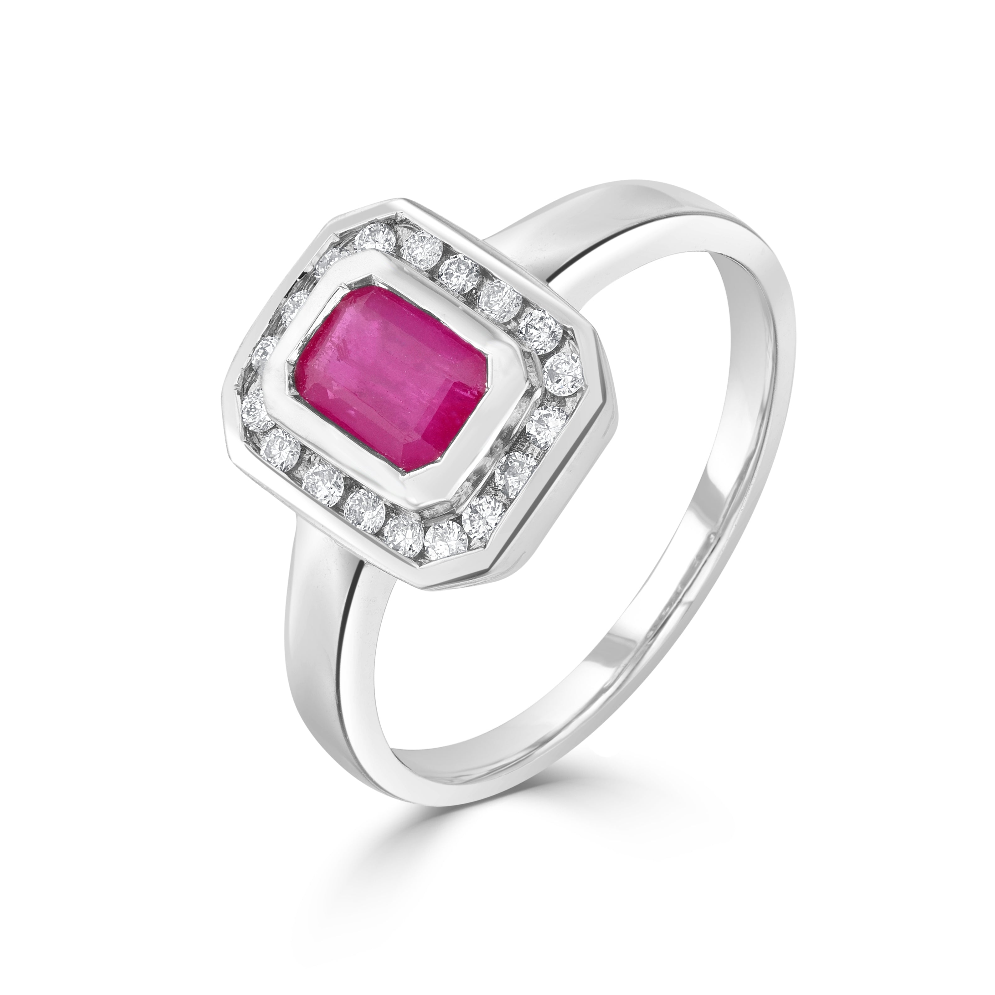 9ct White Gold Rubover 6x4 Octagon Ruby & Channel Set Diamond Cluster Ring