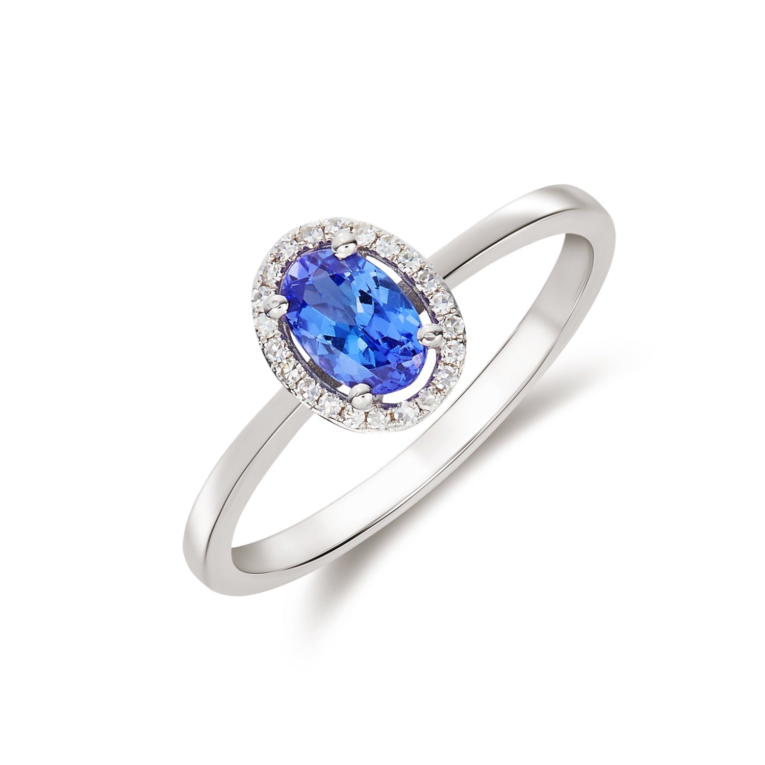 9ct White Gold 6x4 Oval Tanzanite and Round Diamond Halo Cluster Ring