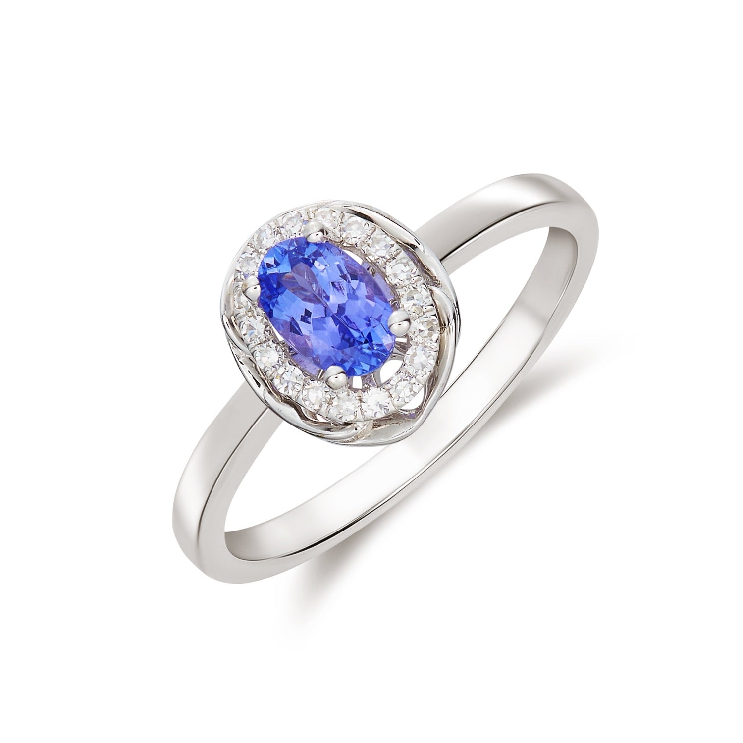 9ct White Gold 6x4 Oval Tanzanite & Diamond Cluster Ring with Rope Edge