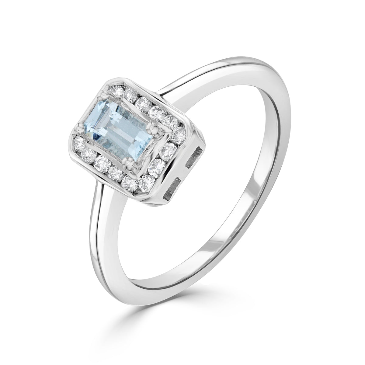 9ct White Gold Claw Set 5x3 Octagon Aquamarine and Channel Set Round Diamond Cluster Ring