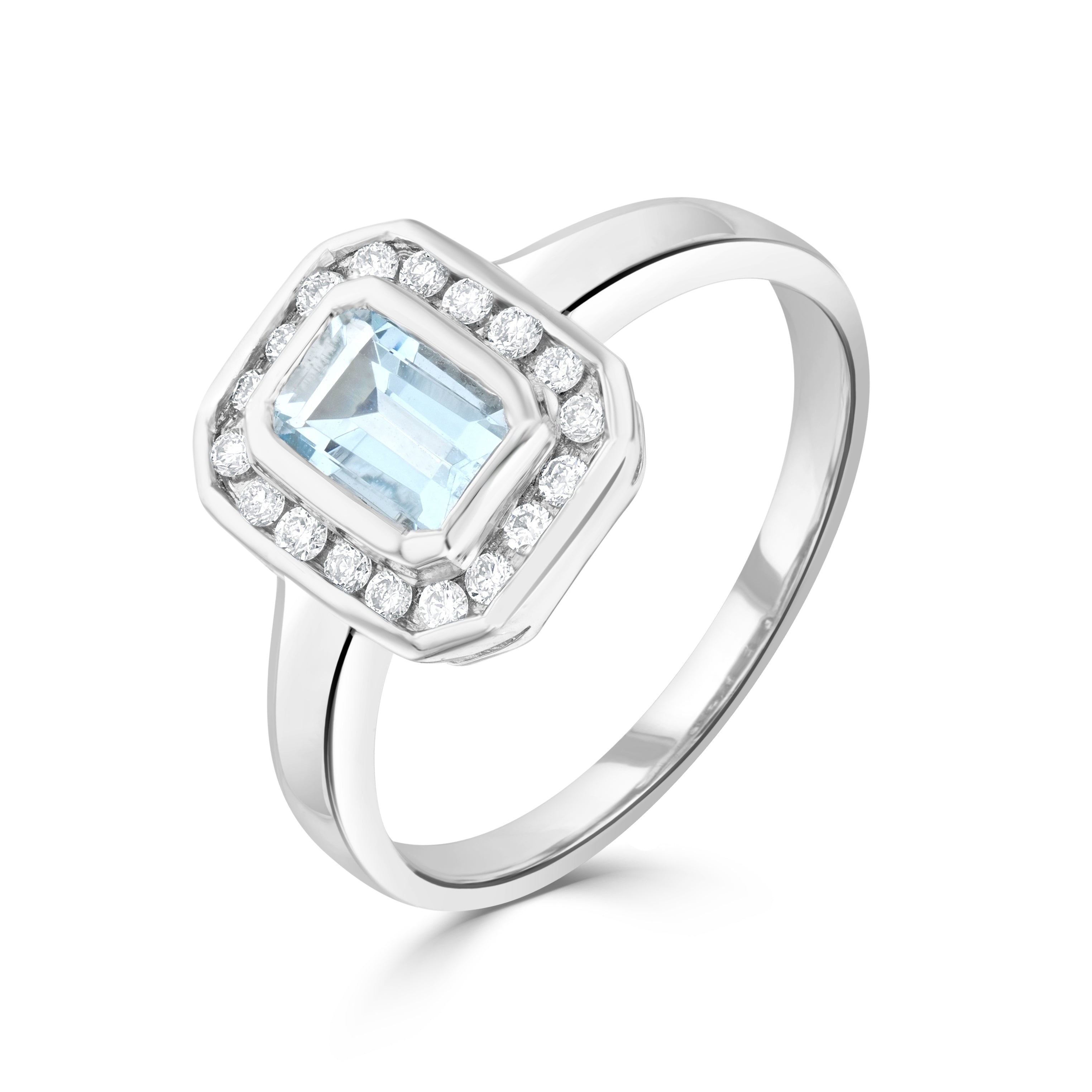 9ct White Gold Rubover 6x4 Octagon Aquamarine & Channel Set Diamond Cluster Ring
