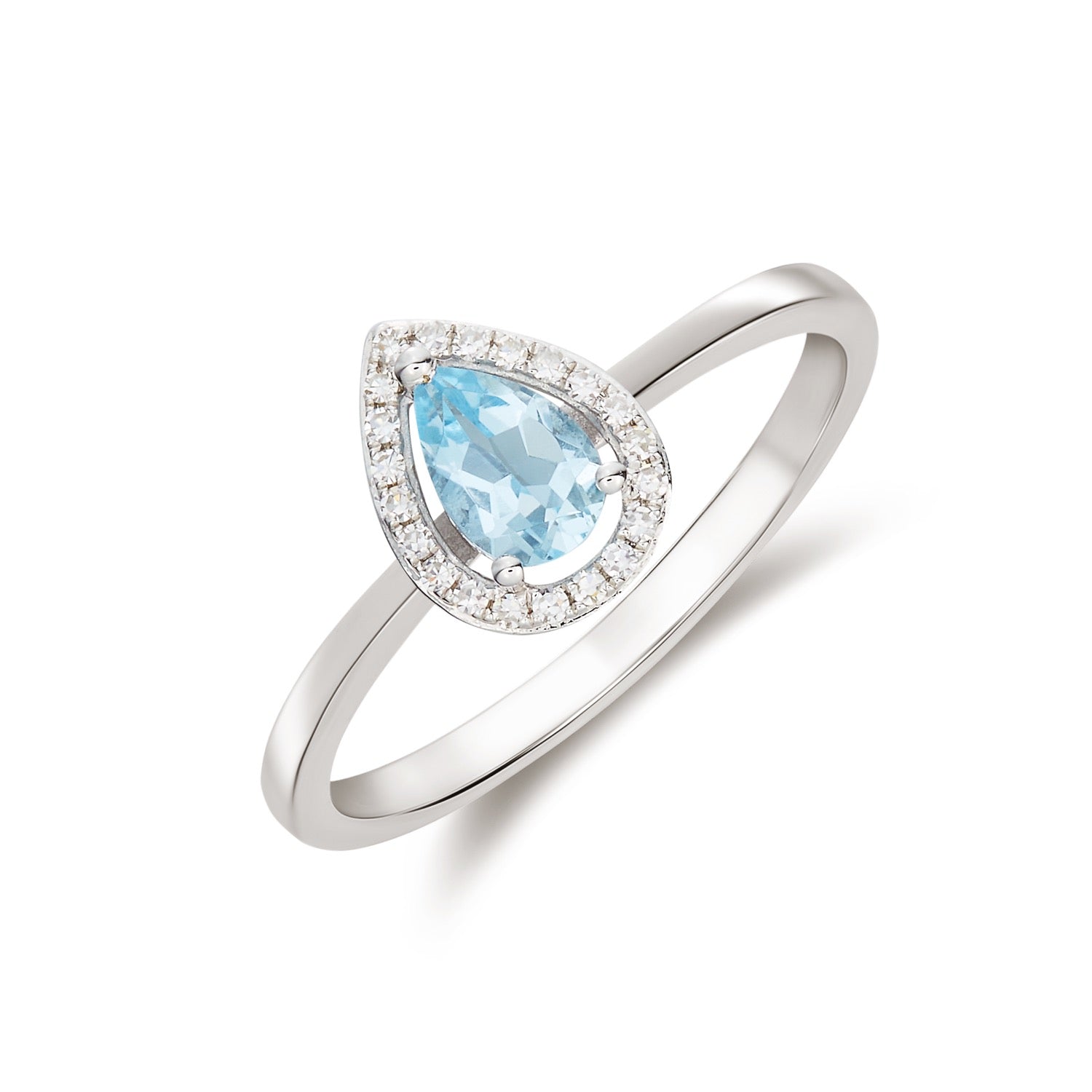 9ct White Gold 6x4 Pear Shape Aquamarine & Diamond Halo Claw Cluster Ring