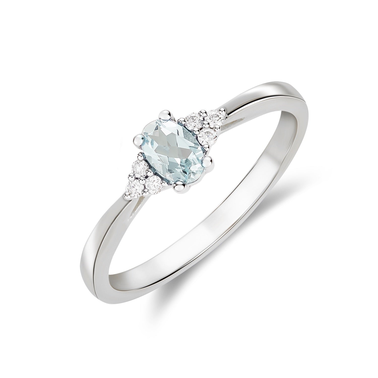 9ct White Gold 6x4 Oval Aquamarine & Diamond Trefoil Shoulders Claw Set Ring
