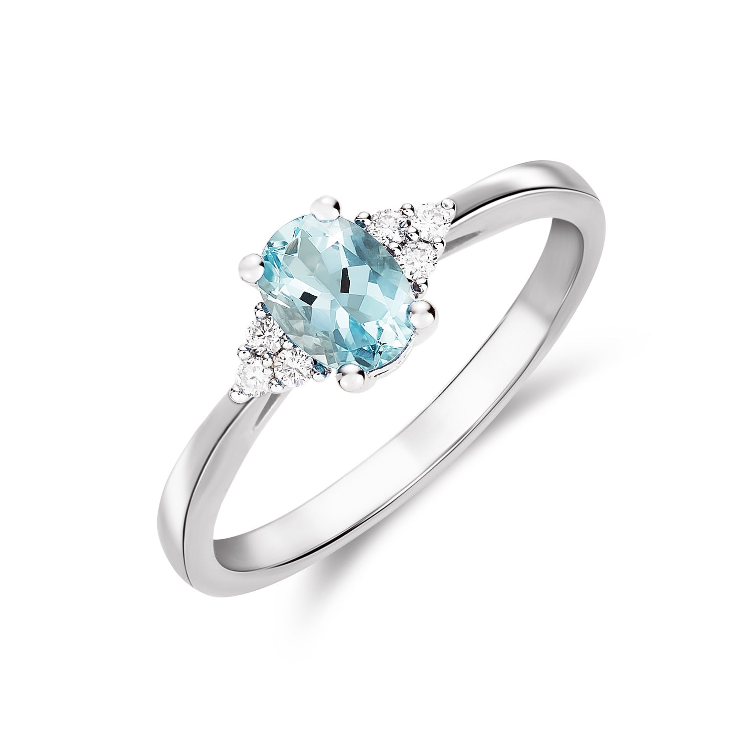 9ct White Gold 7x5 Oval Aquamarine & Diamond Trefoil Shoulders Ring