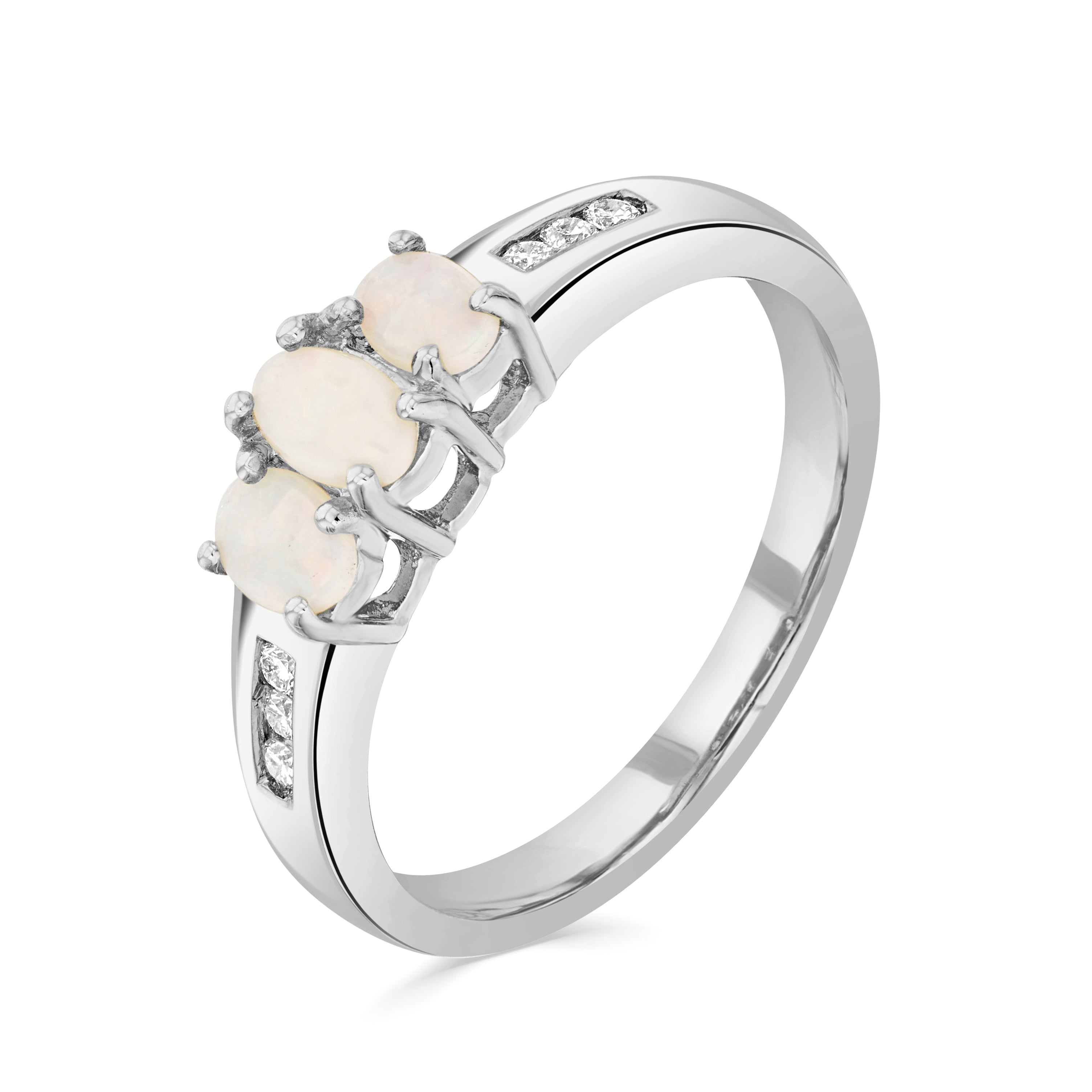 9ct White Gold Oval Opal 3 Stone Ring with Channel Set Diamond Shoulders