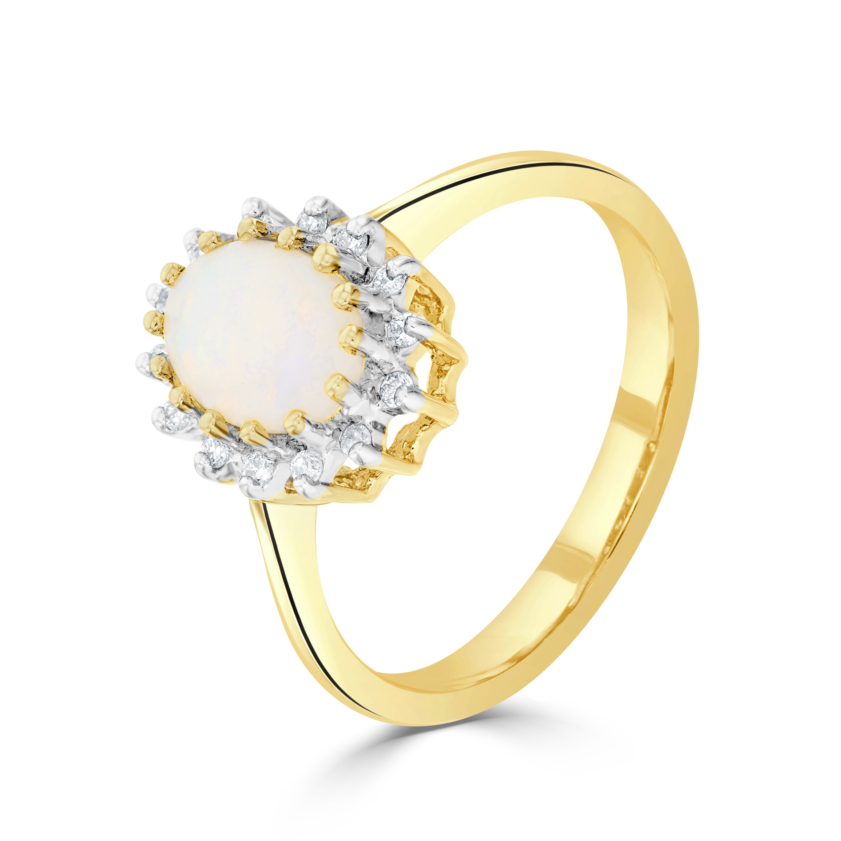 9ct Yellow Gold 8x6 Oval Opal & Diamond Claw Set Cluster Ring Rhodium to Diamonds