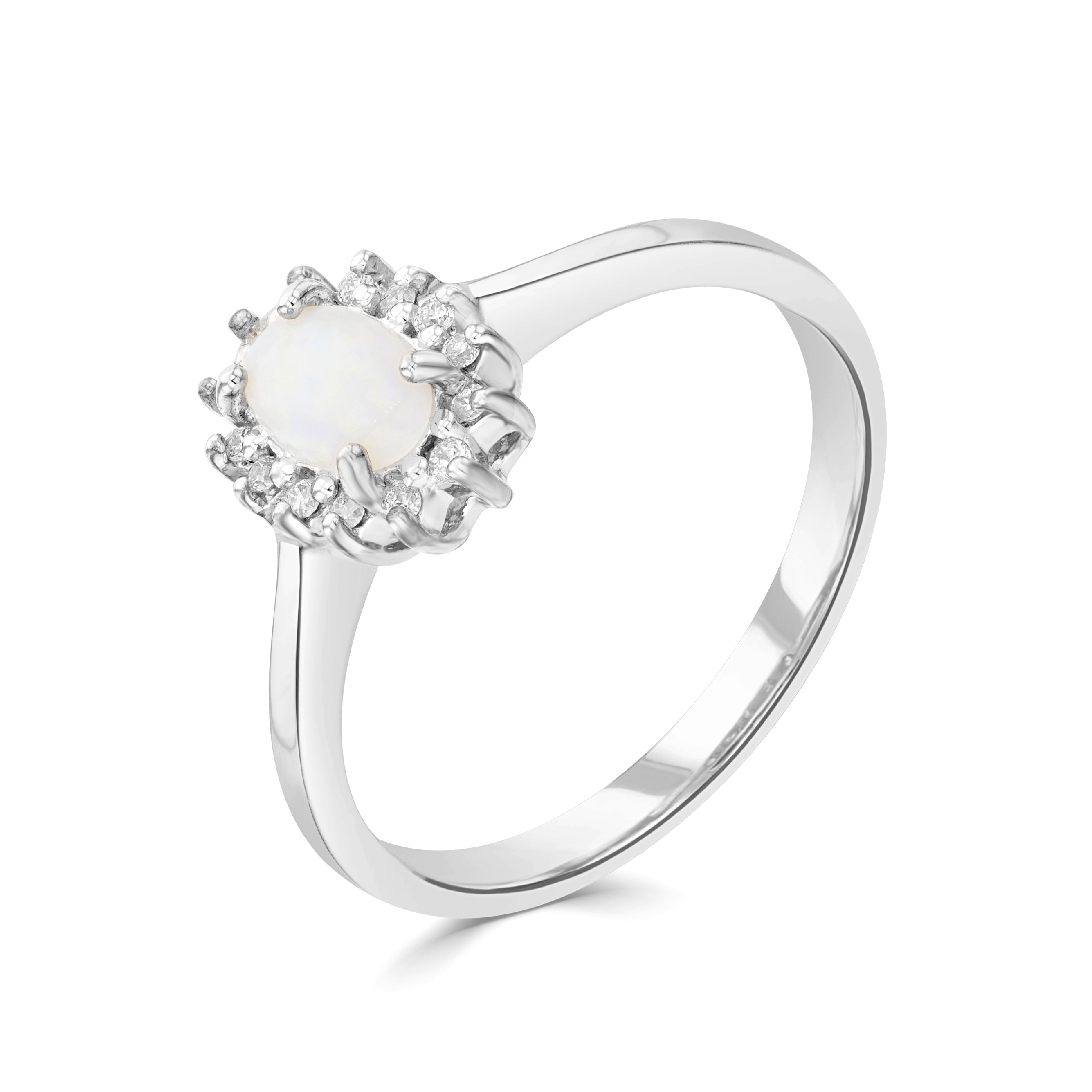 9ct White Gold 6x4 Oval Opal & Diamond Claw Set Cluster Ring