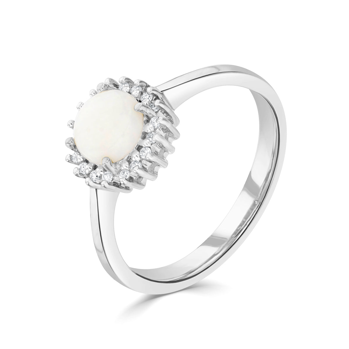 9ct White Gold 6mm Round Opal & Diamond Claw Set Cluster Ring