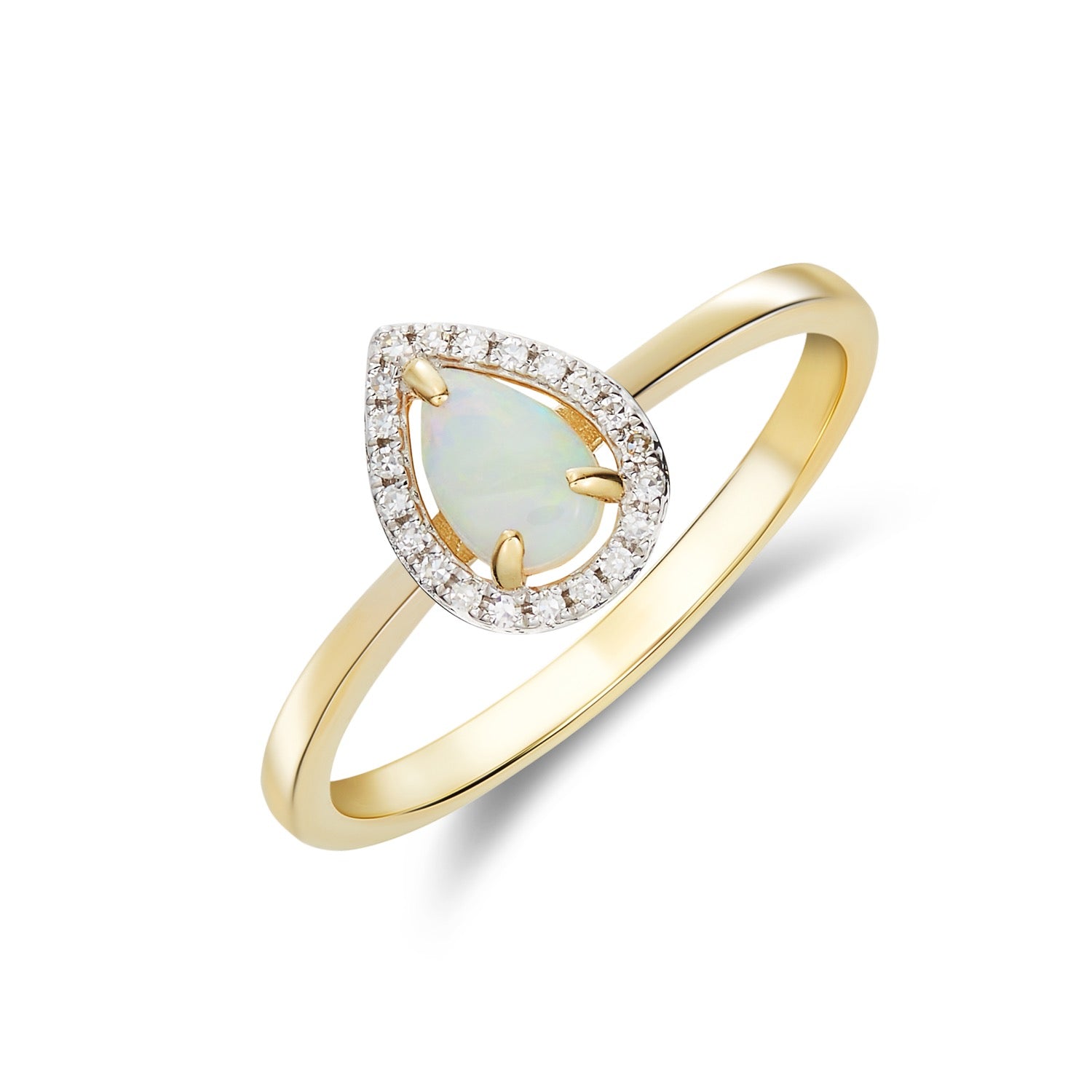 9ct Yellow Gold 6x4 Pear Shape Opal & Diamond Halo Claw Cluster Ring Rhodium to Diamonds