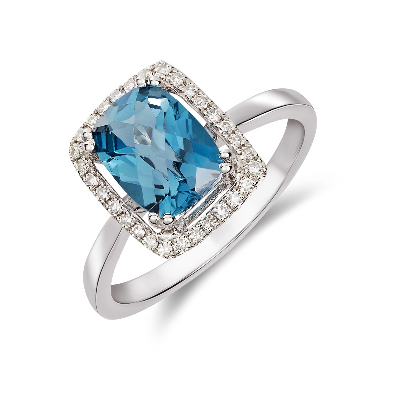 9ct White Gold 8x6 Cushion Checkerboard Cut Slondon Blue Topaz & Diamond Halo Cluster Ring