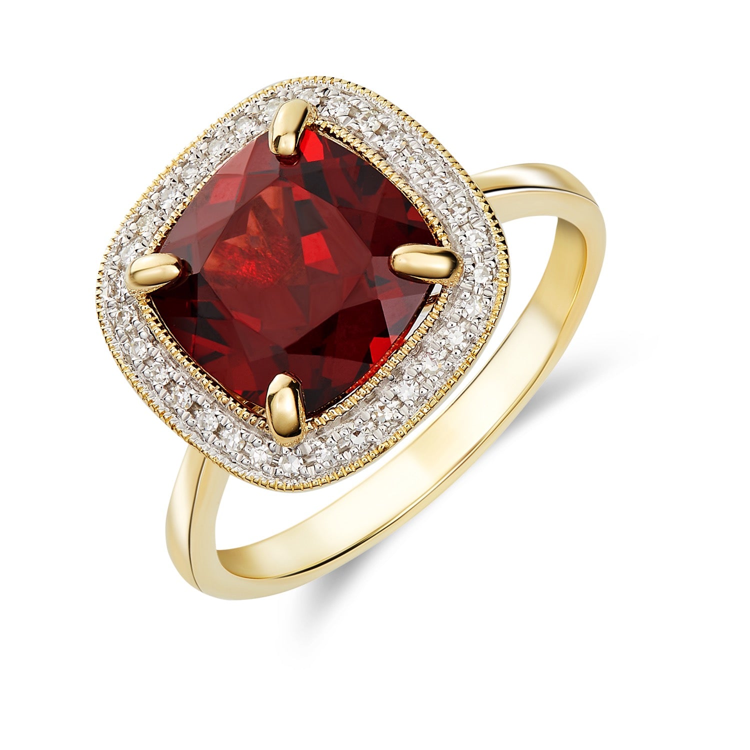 9ct Yellow Gold 9mm Cushion Garnet and Diamond Cluster Ring with Milgrain Edge Rhodium to Diamonds