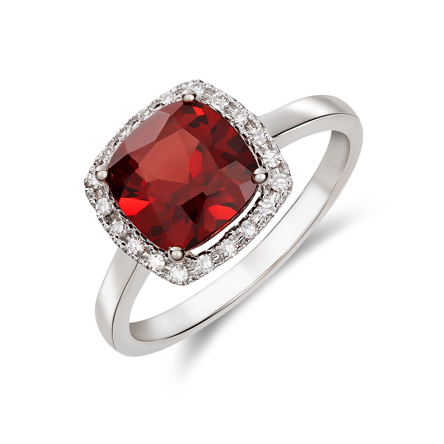 9ct White Gold 8mm Cushion Garnet and Round Diamond Claw Cluster Ring