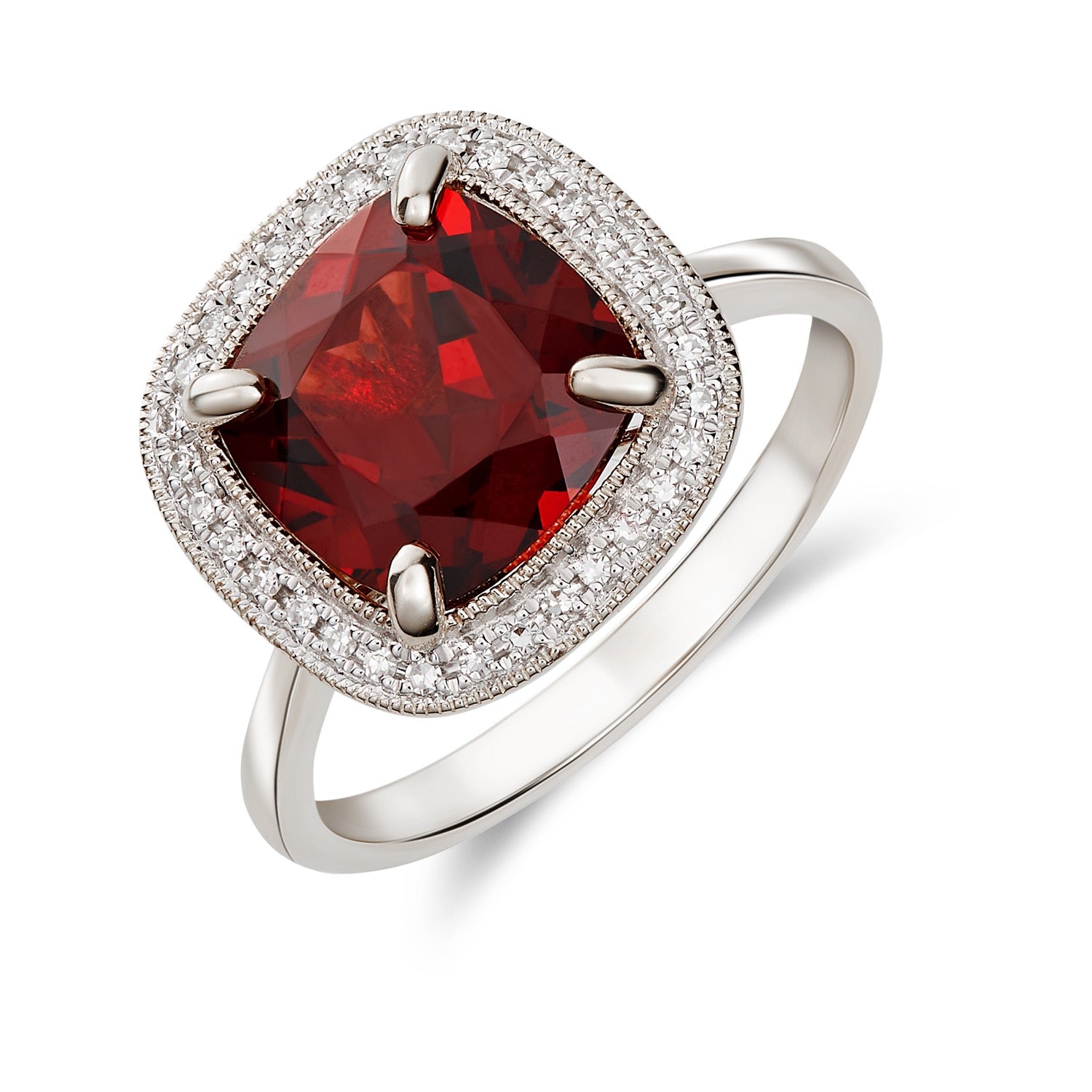 9ct White Gold 9mm Cushion Garnet and Diamond Cluster Ring with Milgrain Edge