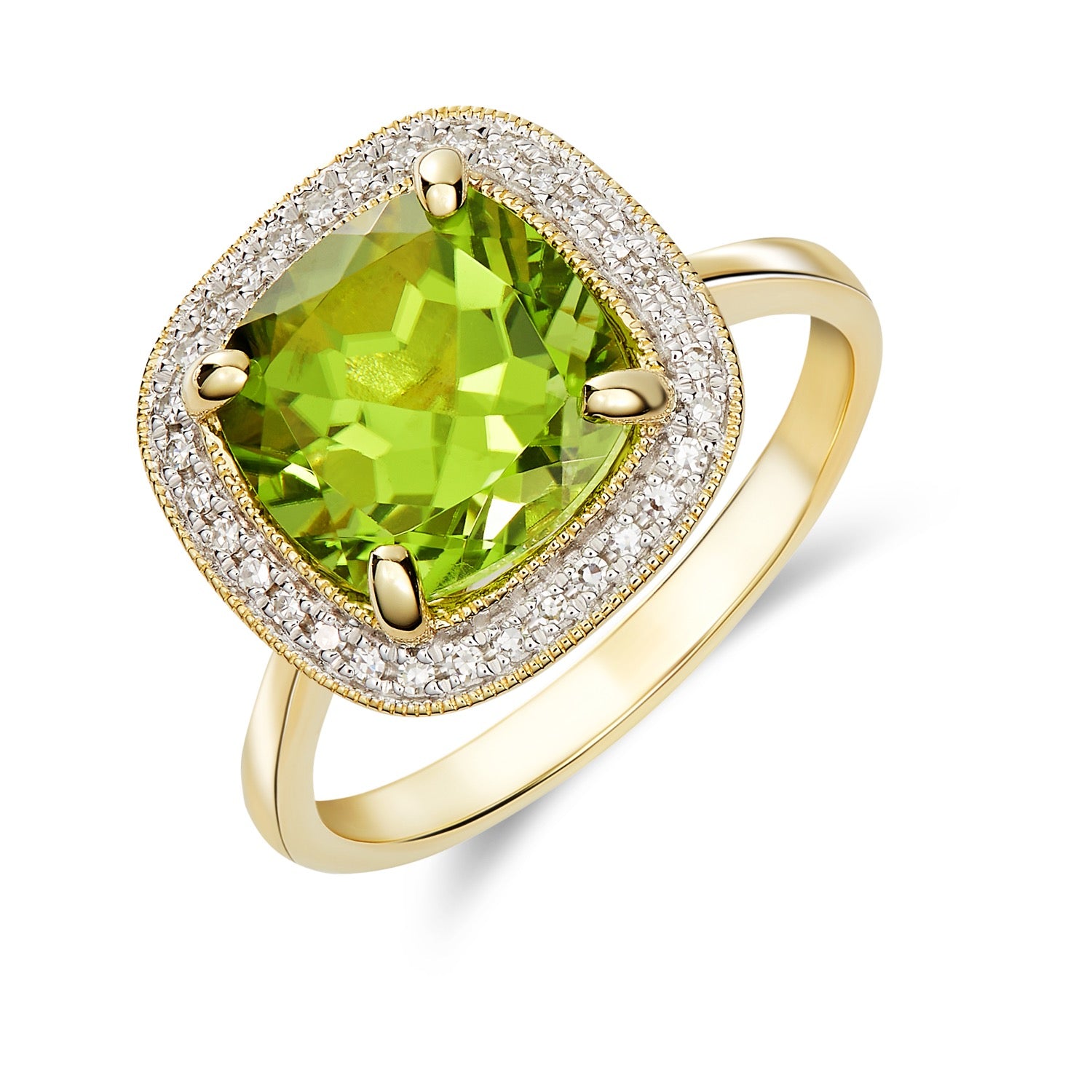 9ct Yellow Gold 9mm Cushion Peridot and Diamond Cluster Ring with Milgrain Edge Rhodium to Diamonds ( Not Currently Available Due to Stone Shortage )